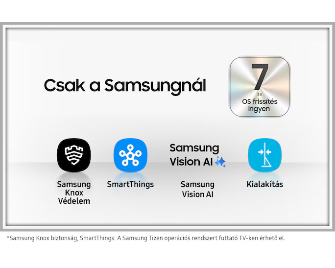 A kép a Samsung logóját mutatja, olyan funkciókkal, mint a Knox, a SmartThings, a Vision AI és a Kialakítás. Tartalmaz egy '7 OS frissítés ingyen' jelvényt.