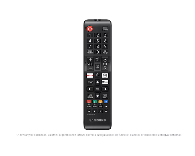 Fekete Samsung távirányító sok gombbal, beleértve a számokat, hangerőt, csatornát és alkalmazás-parancsikonokat.