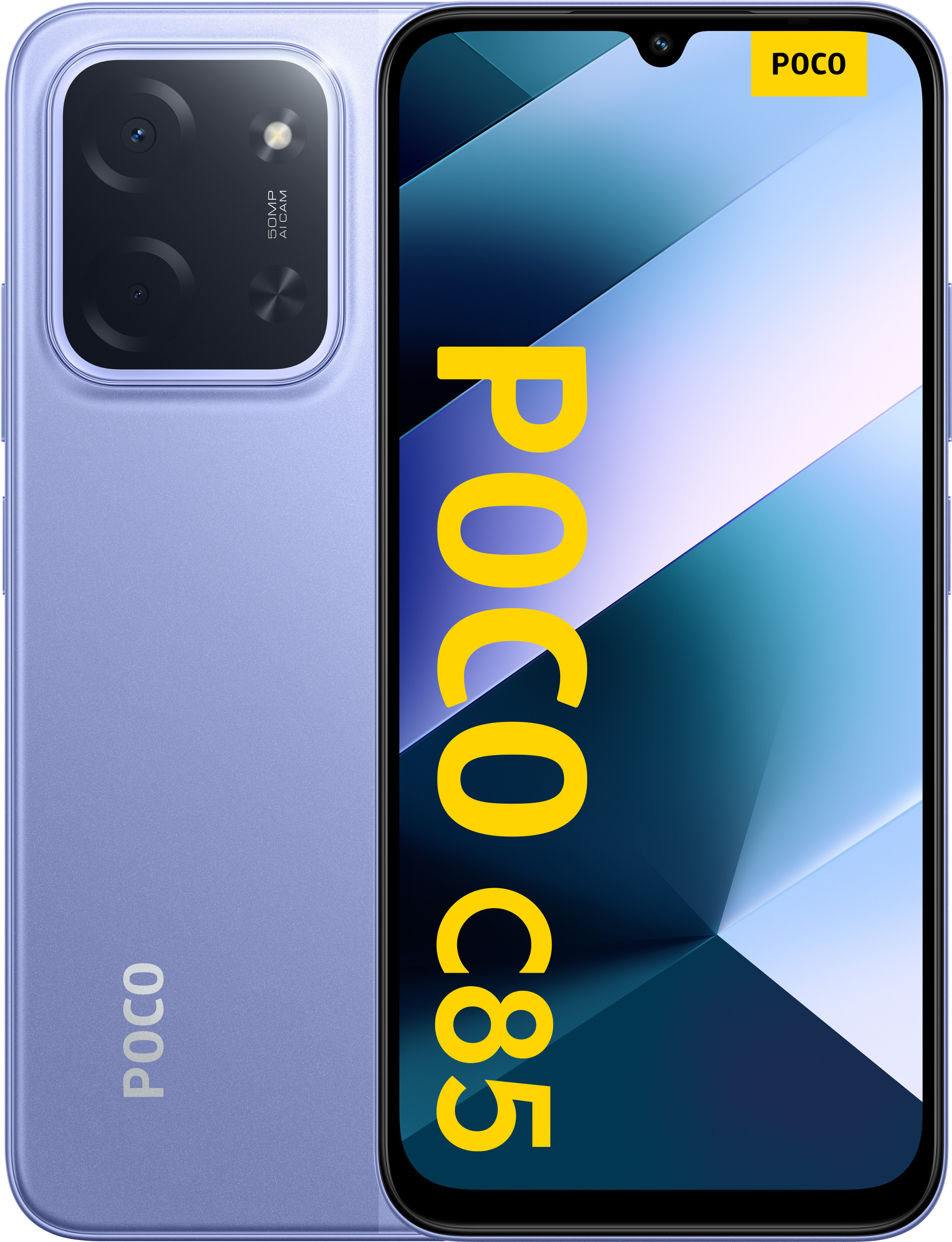 Niebieski smartfon POCO C85. Ekran pokazuje niebiesko-biały design. Telefon ma aparat i logo POCO.