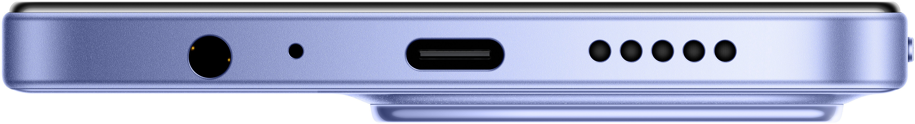 Zbliżenie dolnej krawędzi telefonu, pokazujące gniazdo słuchawkowe, mikrofon, port USB-C i otwory głośnika.