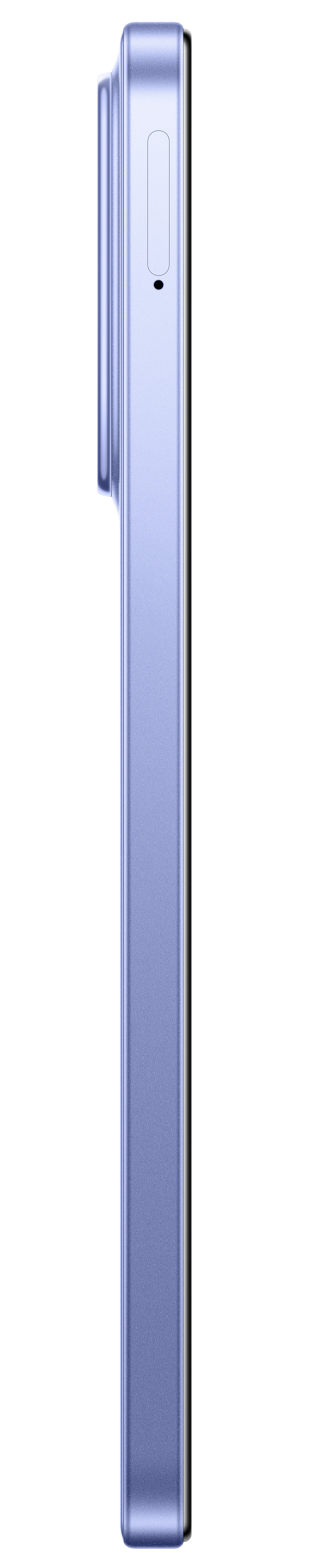 Pionowe, jasnofioletowe urządzenie z wypukłością na aparat i czarną krawędzią na białym tle.