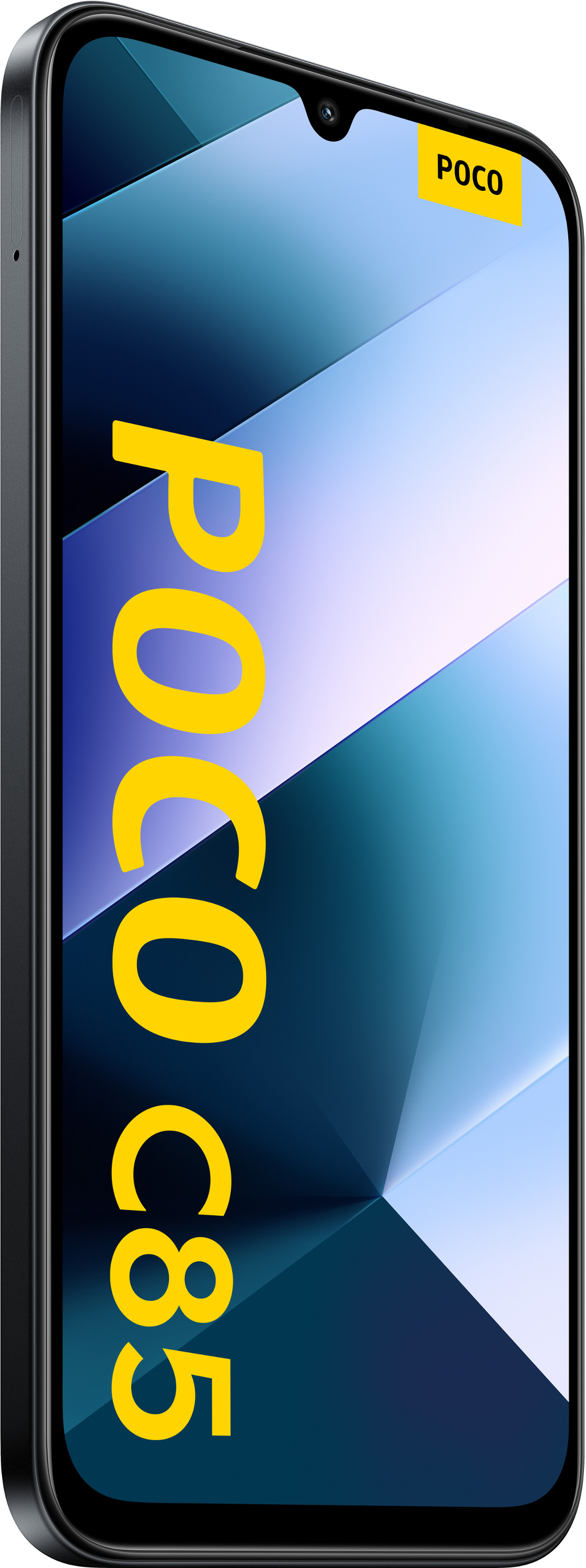 Czarny smartfon z niebiesko-białym tłem. Telefon wyświetla żółty napis 'POCO C85'.