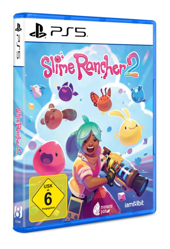 Slime Rancher 2-Spielcover. Enthält bunte Schleime, eine Figur mit einer Waffe und das PS5-Logo.
