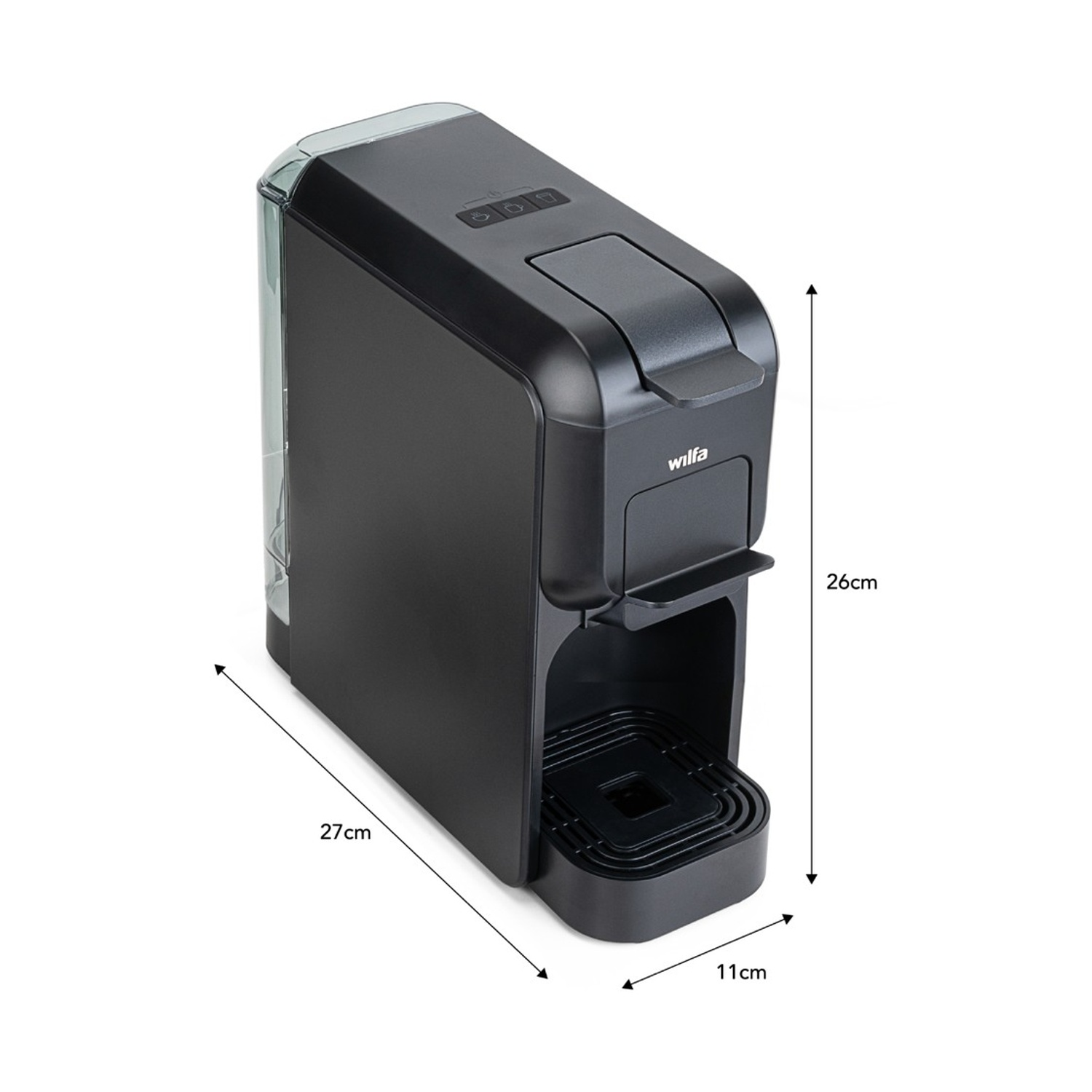 Macchina da caffè Wilfa nera. Dimensioni: 27 cm di lunghezza, 26 cm di altezza e 11 cm di larghezza. Con serbatoio e bottoni.