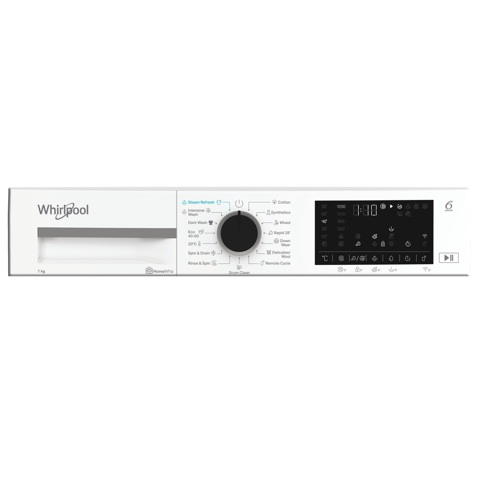Egy fehér Whirlpool mosógép vezérlőpanelje. Van egy tárcsa, egy digitális kijelző és különböző gombok a beállításokhoz.