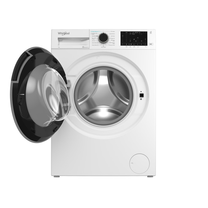 Egy fehér Whirlpool mosógép nyitott ajtóval. Az ajtó fekete, átlátszó üvegablakkal, felfedve a belső dobot.