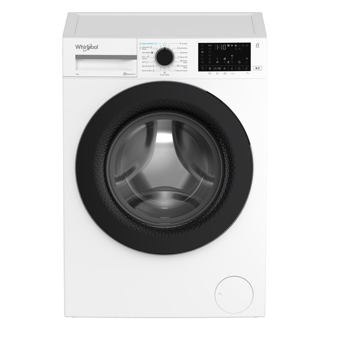 Fehér Whirlpool mosógép fekete ajtóval. Gombokkal ellátott vezérlőpanellel és digitális kijelzővel rendelkezik. Az ajtó kerek.
