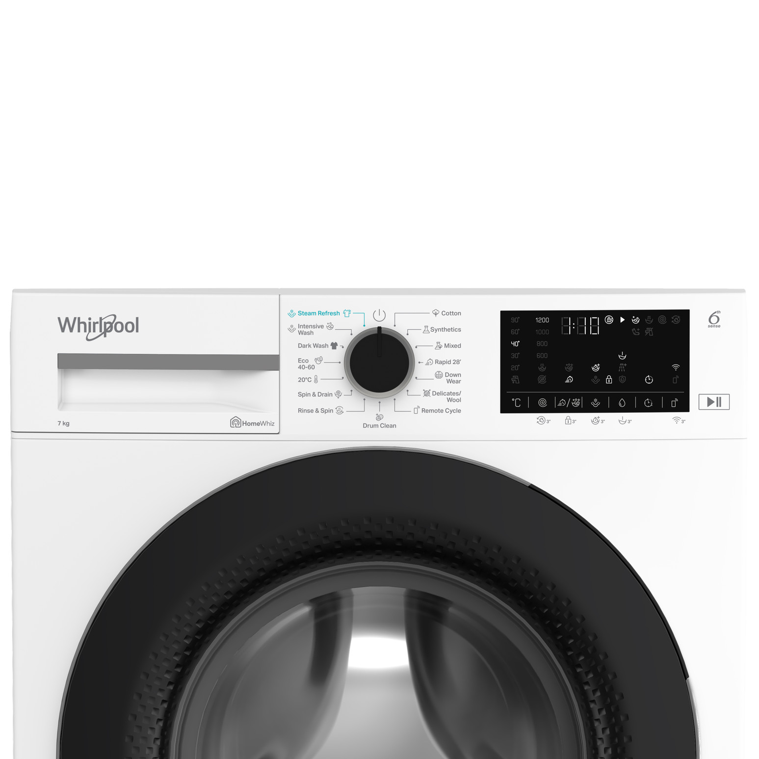 Whirlpool mosógép fekete ajtóval. A vezérlők közé tartozik egy tárcsa, egy digitális kijelző és különféle programopciók.