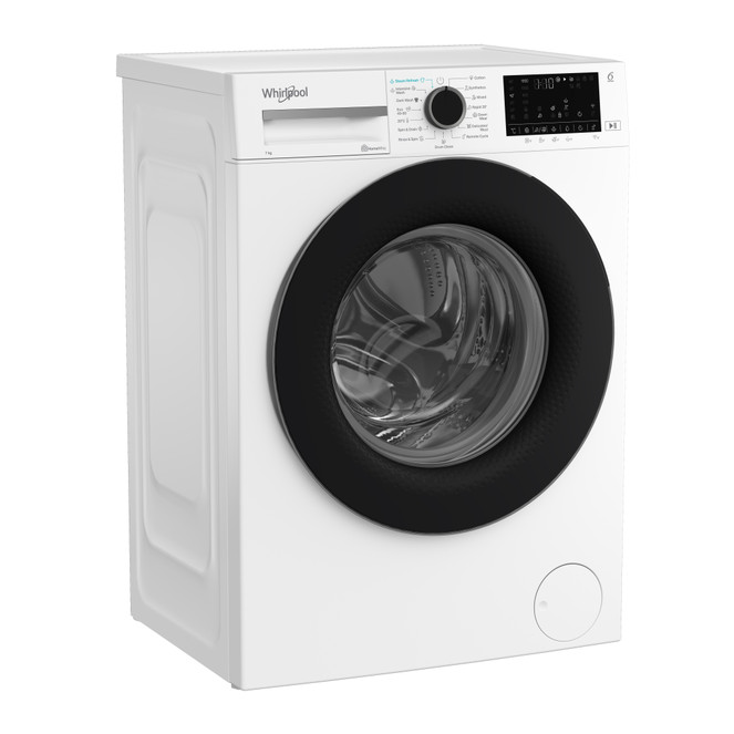Egy fehér Whirlpool mosógép fekete ajtókerettel és kezelőpanellel. Az ajtó kerek, a panelen gombok és egy kijelző található.