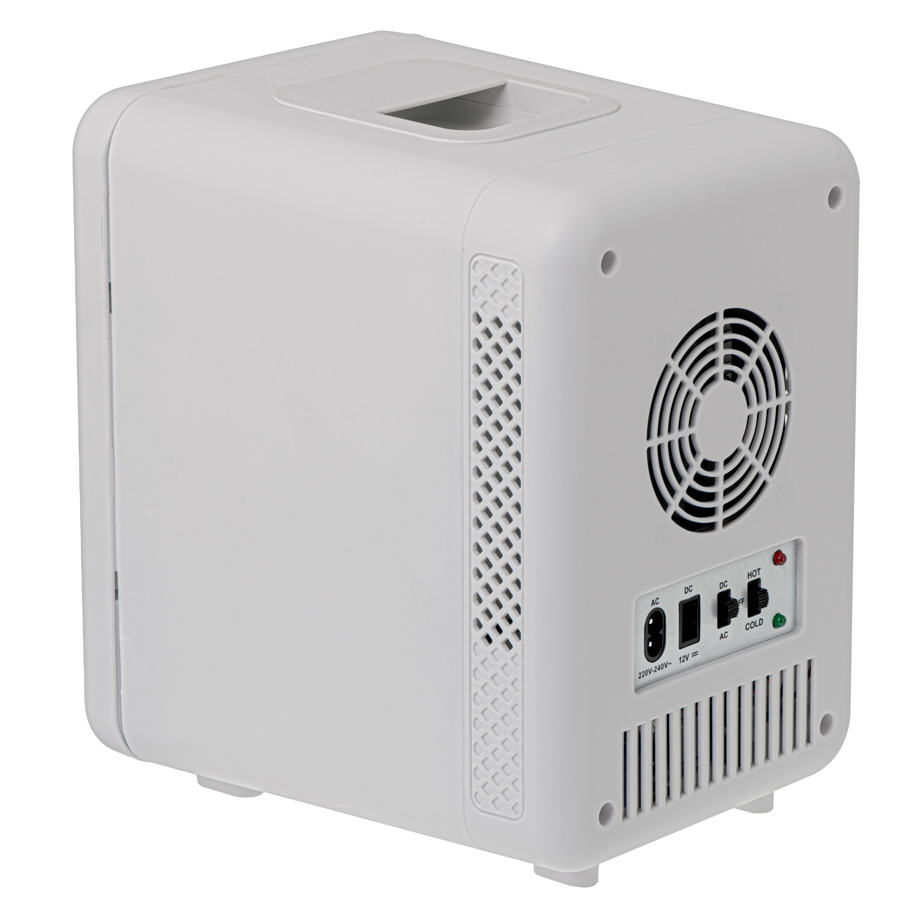 Egy kis fehér mini hűtőszekrény hátulján egy ventilátorral. Felül fogantyú, hátul vezérlőpanel található.