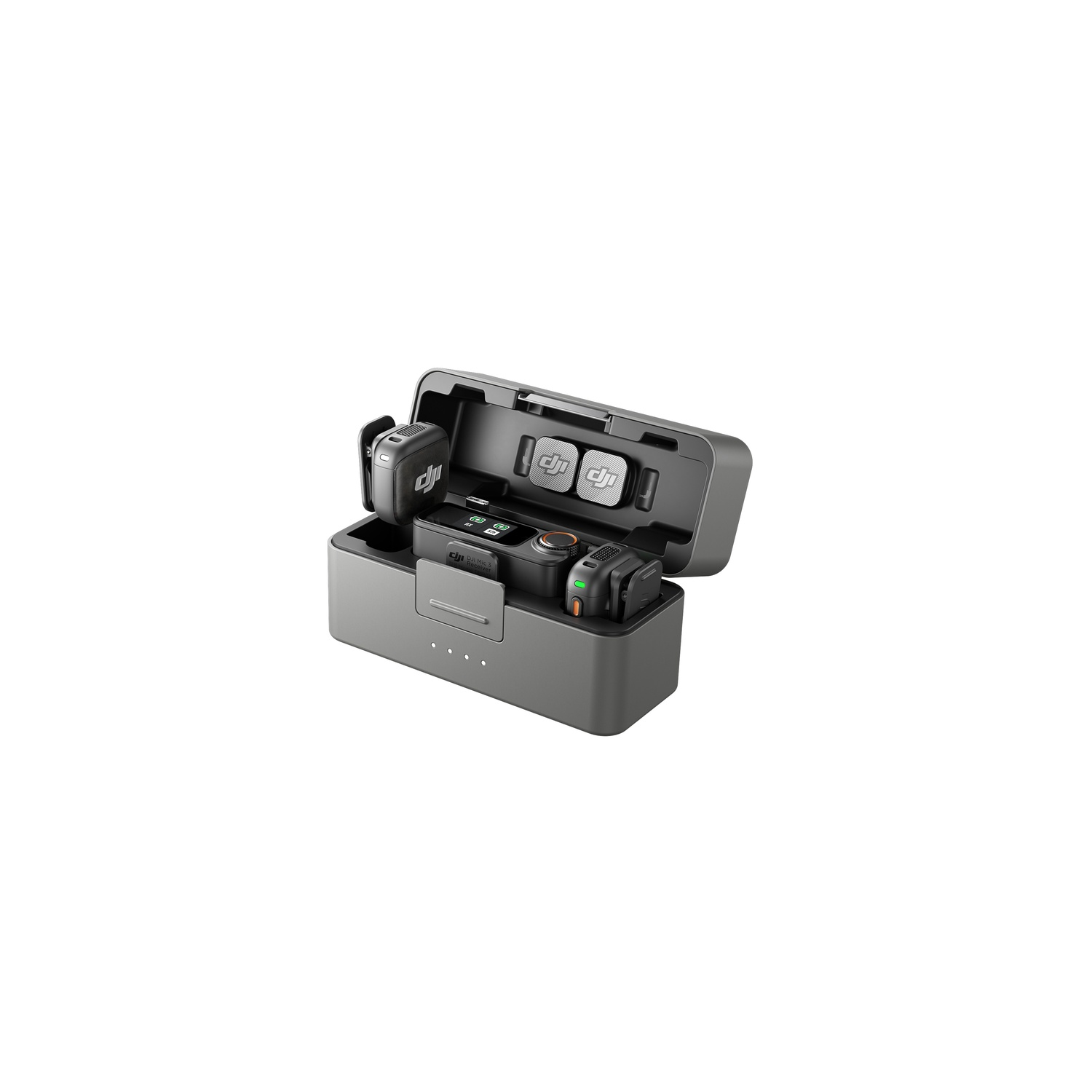 Una custodia di ricarica grigia con diversi dispositivi neri all'interno, inclusi microfoni e una fotocamera, il tutto su sfondo bianco.
