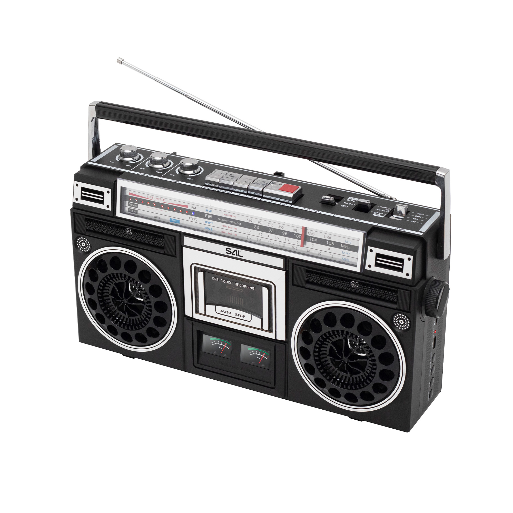 Egy fekete retró boombox ezüst fogantyúval és antennával. Hangszórók, tárcsák, kazettás magnó és rádióskála található rajta.