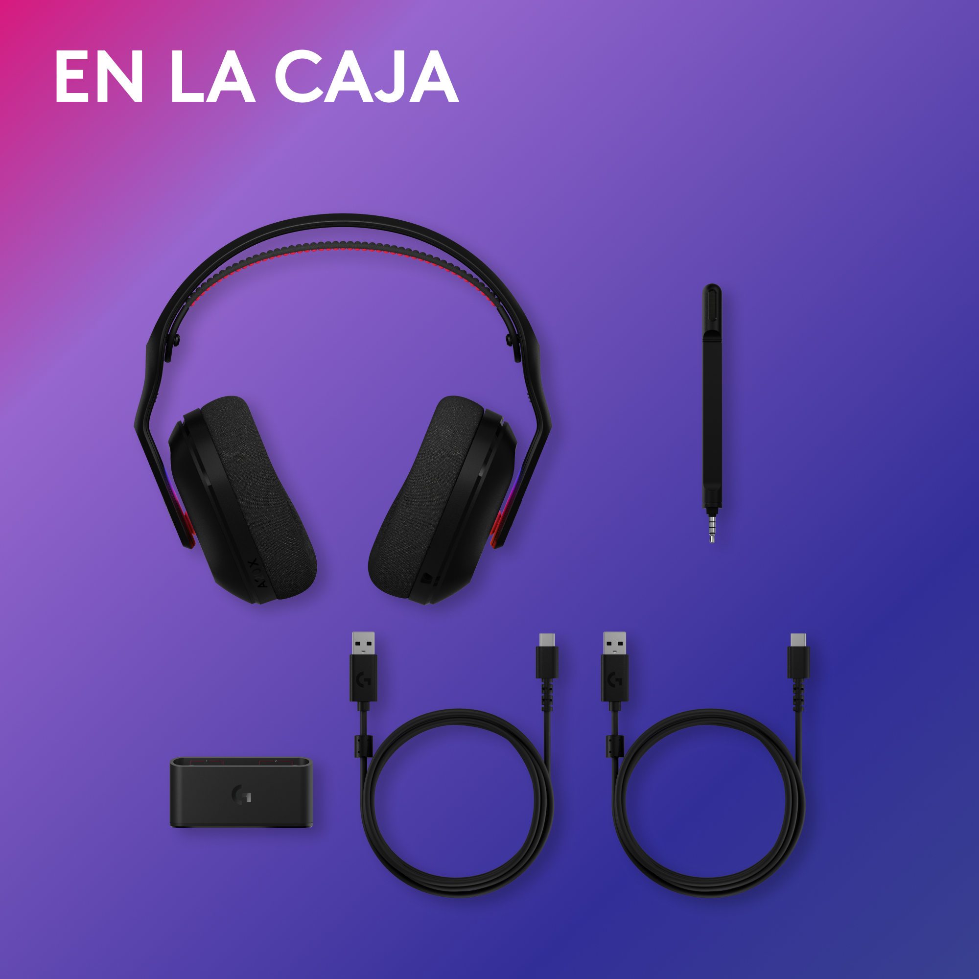 Auriculares negros, cables y base estación playsync