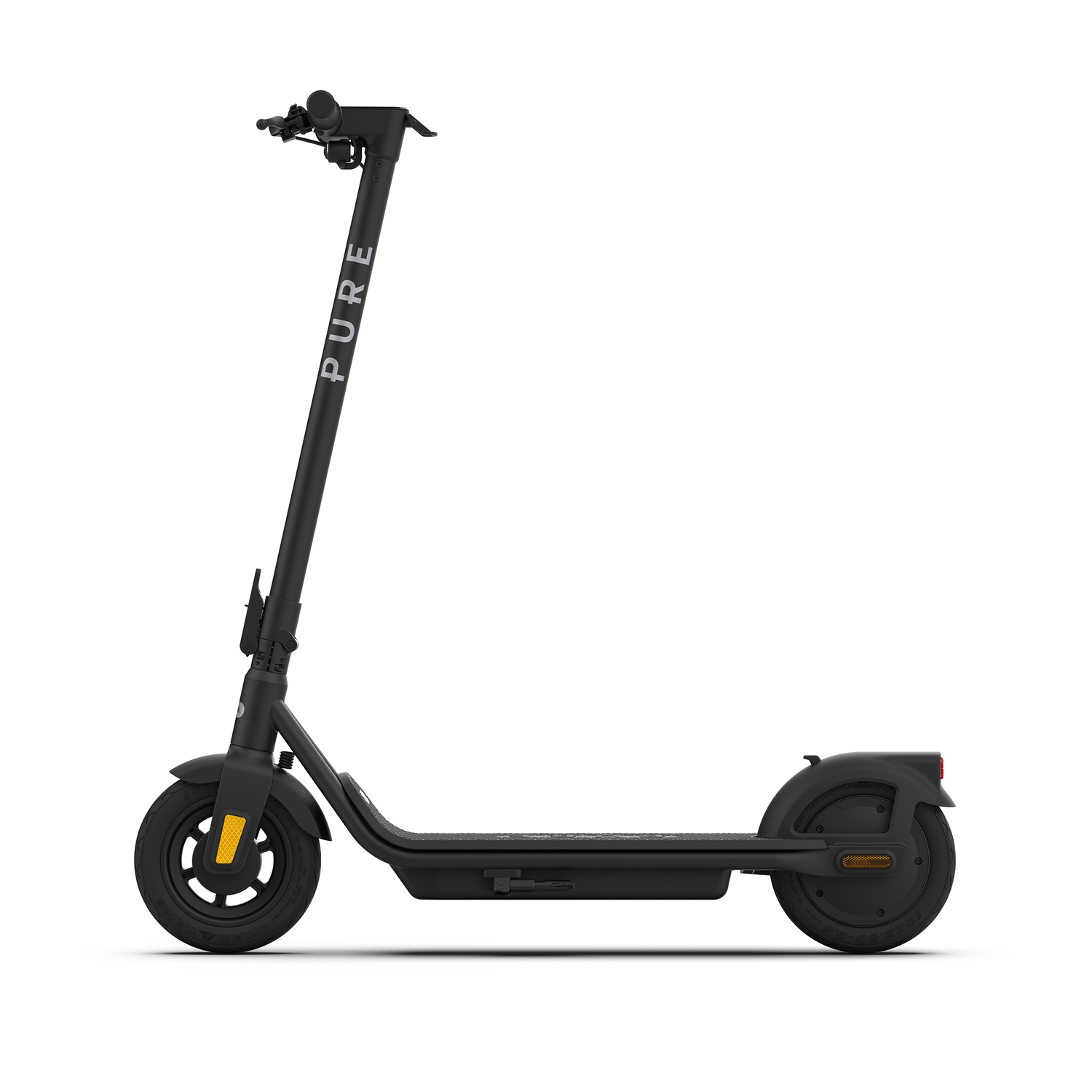 Une trottinette électrique noire avec le mot 'PURE' sur la potence, deux roues et un plateau noir, sur fond blanc.