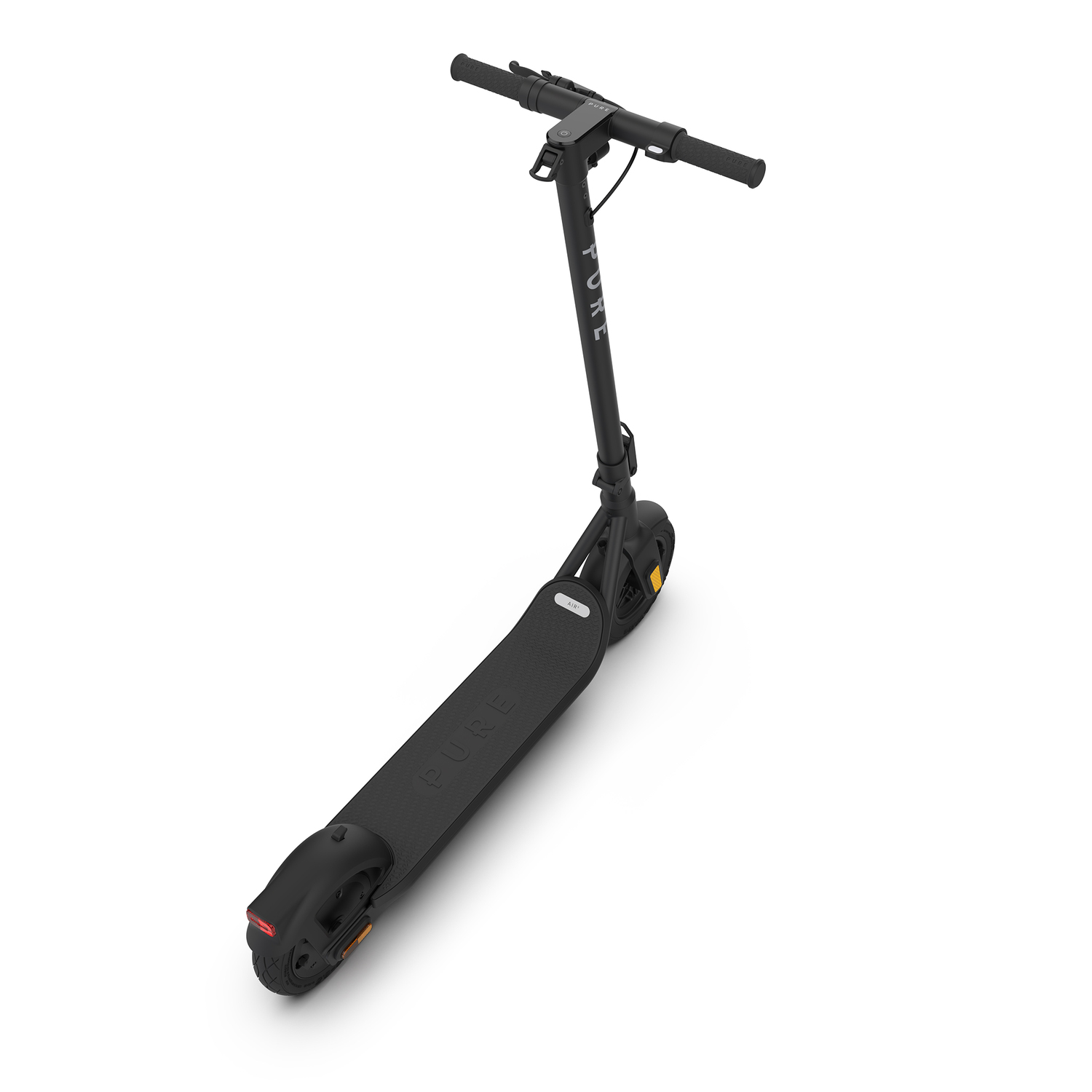 Une trottinette électrique noire sur fond blanc. Le mot 'PURE' est inscrit sur le plateau et sur la potence.