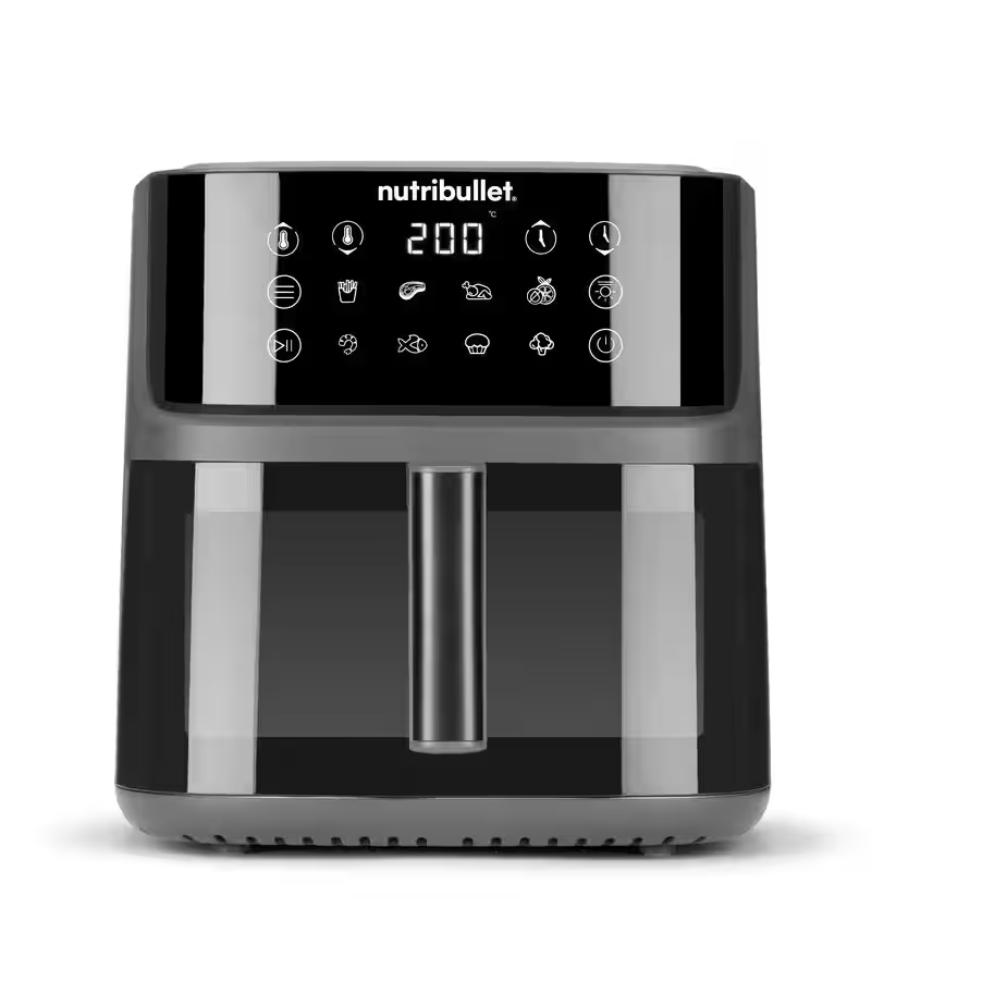 Egy Nutribullet légkeveréses fritőz. Digitális kijelzőjén a 200 fok látható. A fritőz fekete-szürke, különböző főzési ikonokkal.