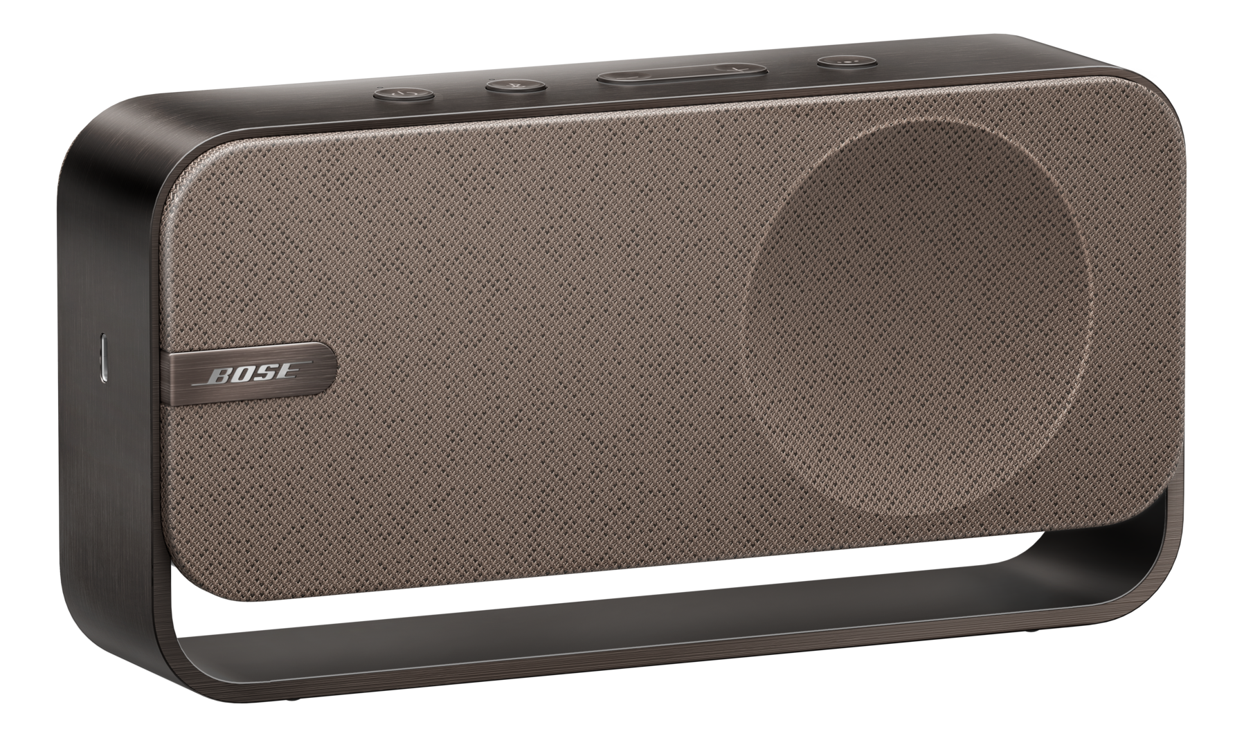 Ein brauner Bose-Lautsprecher. Er hat eine Stoff-Lautsprecherabdeckung, einen Metallrahmen und Knöpfe. Das Bose-Logo ist sichtbar.