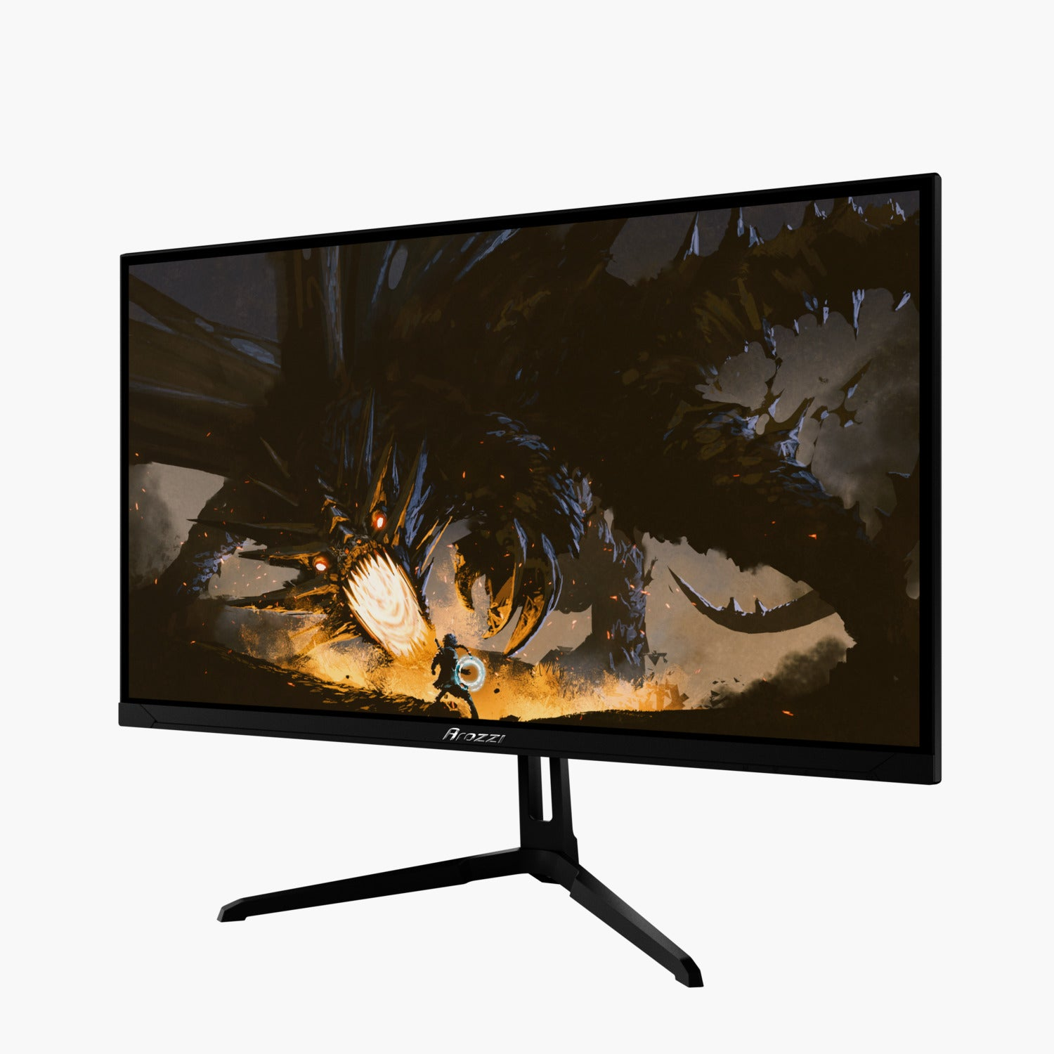 Ein schwarzer Computermonitor zeigt eine Fantasy-Szene eines Drachen, der einen Krieger angreift. Der Monitor hat einen schwarzen Ständer und Rahmen.