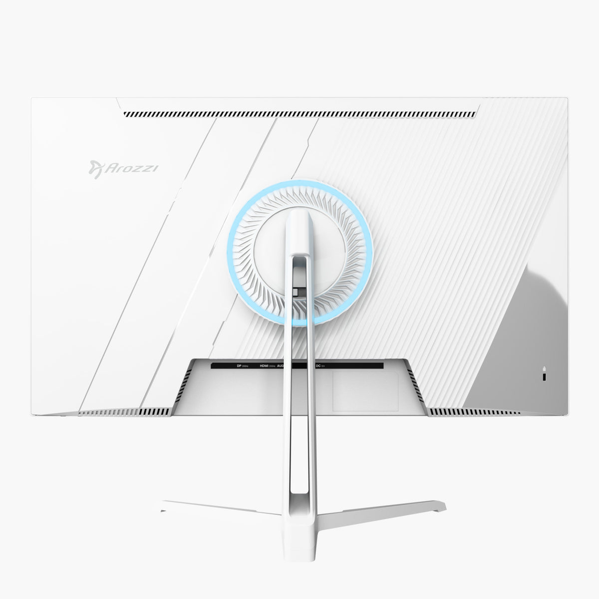 Rückseite eines weißen Computermonitors. Er hat einen Ständer, ein rundes blau-weißes Design und das Logo 'Arozzi'.