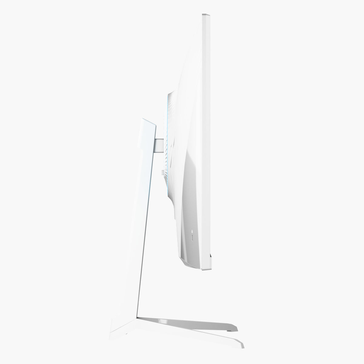 Ein weißer Computermonitor, von der Seite gesehen, steht auf einem weißen Sockel. Der Bildschirm ist gekrümmt und die Kanten sind sauber.