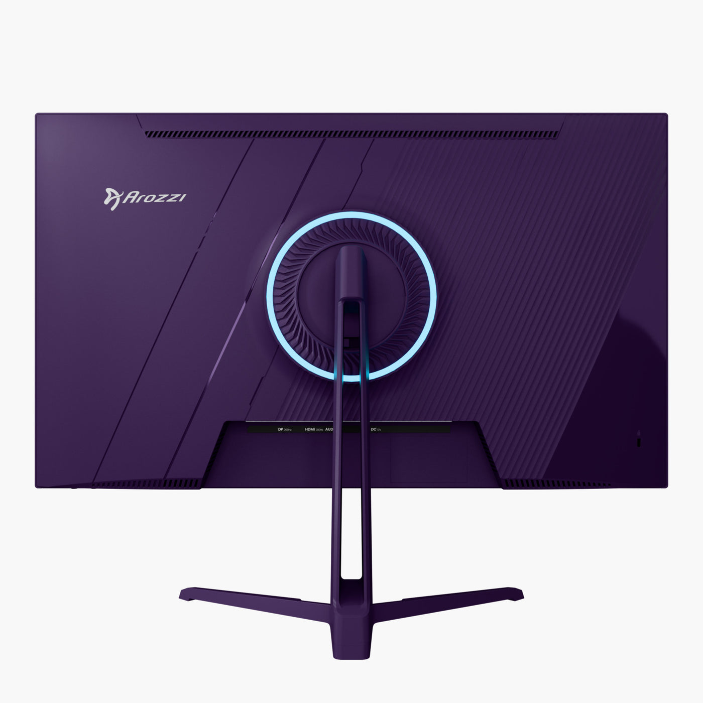 Rückseite eines lila Arozzi-Gaming-Monitors. Verfügt über einen leuchtenden Ring um die Halterung und ein Logo. Der Ständer ist lila.
