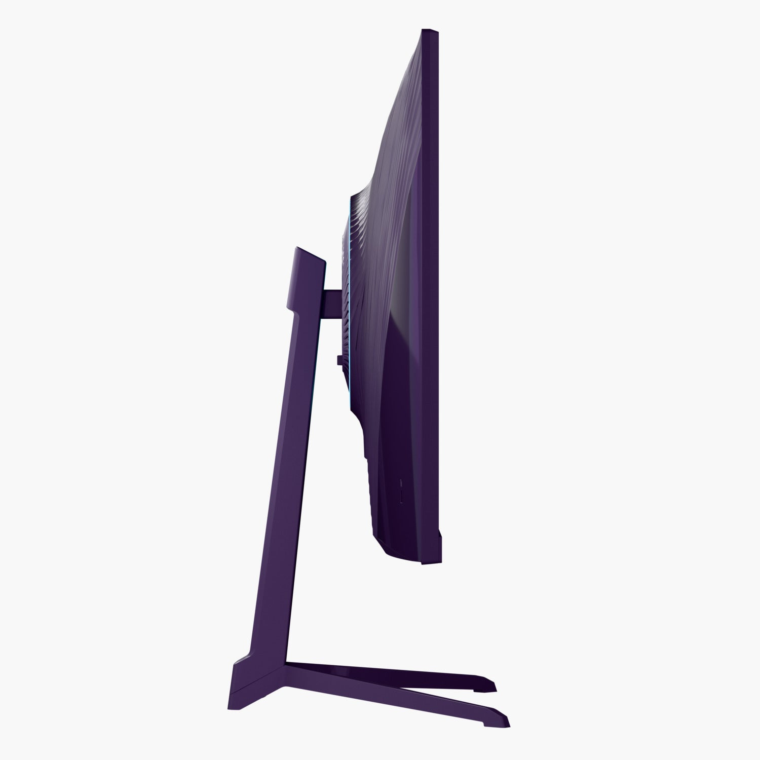 Ein lila Computermonitor, von der Seite betrachtet, steht auf weißem Hintergrund. Der Ständer des Monitors ist ebenfalls lila.