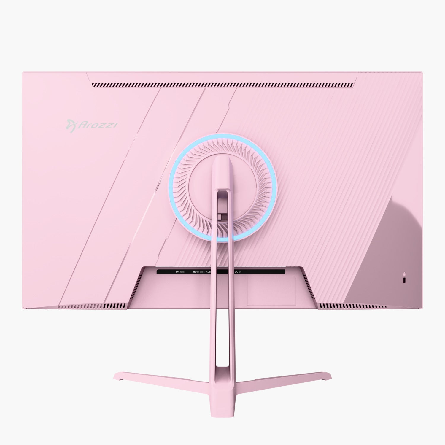 Rückseite eines pinkfarbenen Computermonitors mit Ständer. Merkmale sind Logo, Anschlüsse und ein kreisförmiges Design mit blauer Beleuchtung.