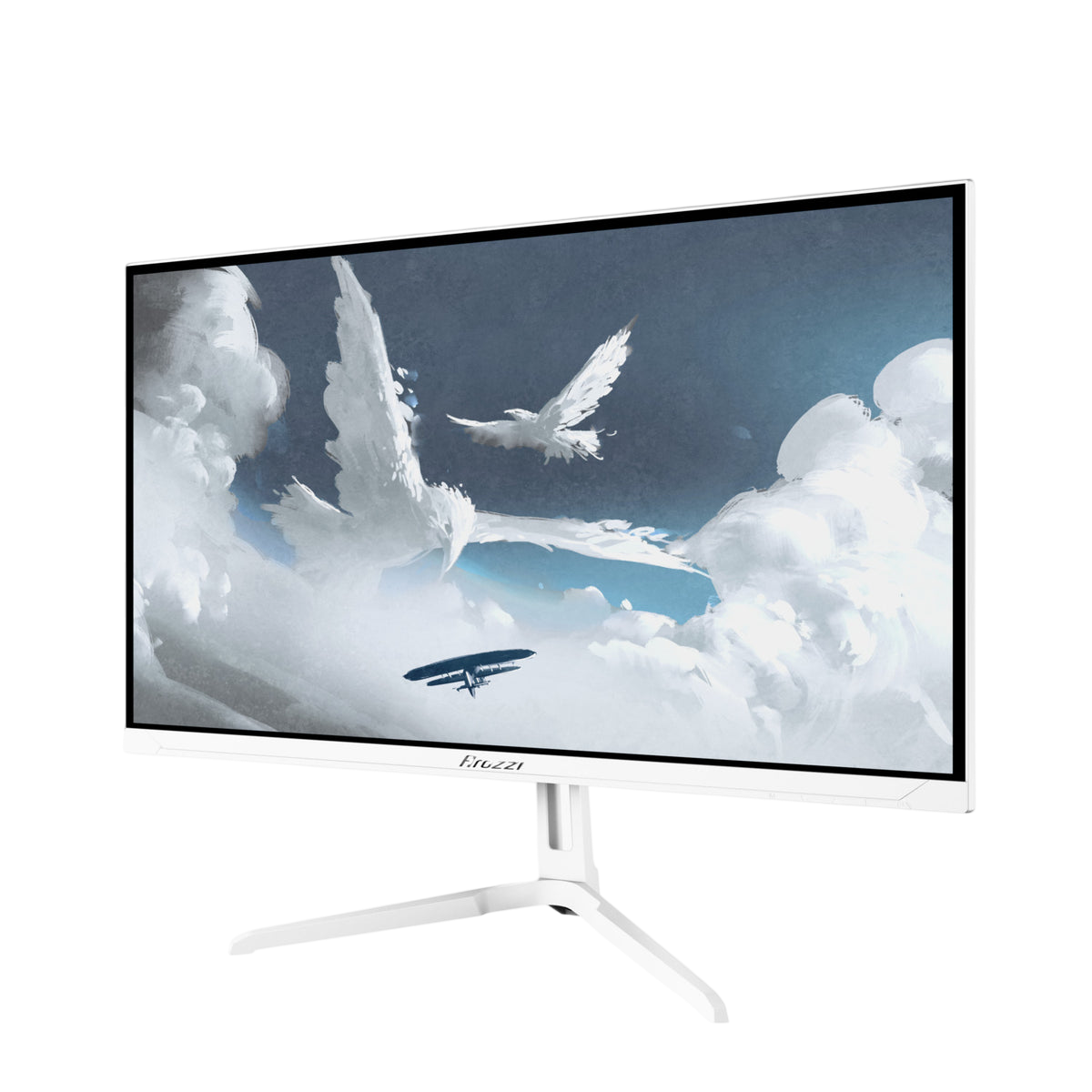 Ein weißer Computermonitor zeigt ein Gemälde von weißen Vögeln, die durch Wolken fliegen, mit einem kleinen Flugzeug im Vordergrund.