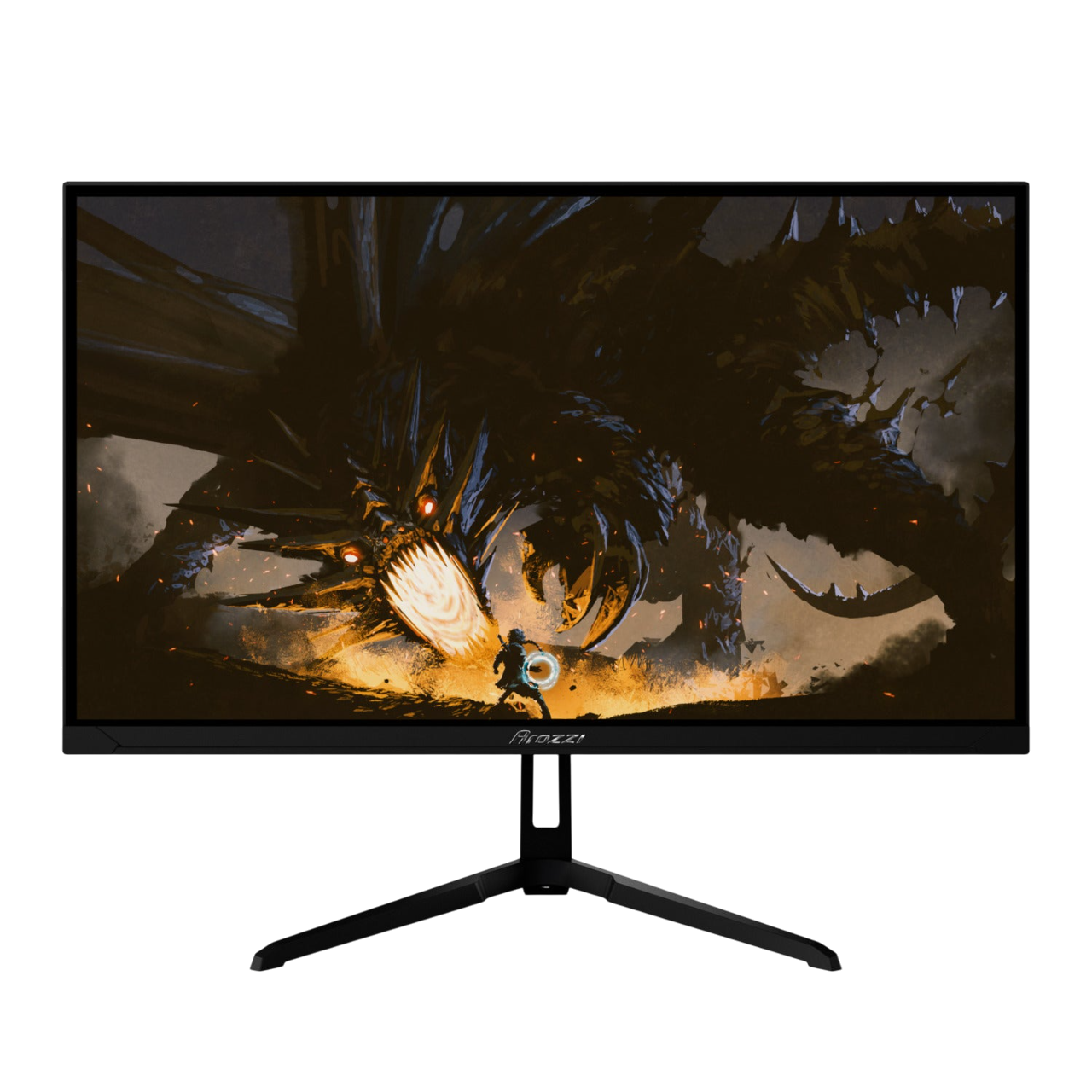 Ein Monitor zeigt eine Fantasieszene eines Drachen und eines Kriegers. Die Szene ist feurig mit dunklem Hintergrund. Der Monitor steht auf schwarzem Sockel.