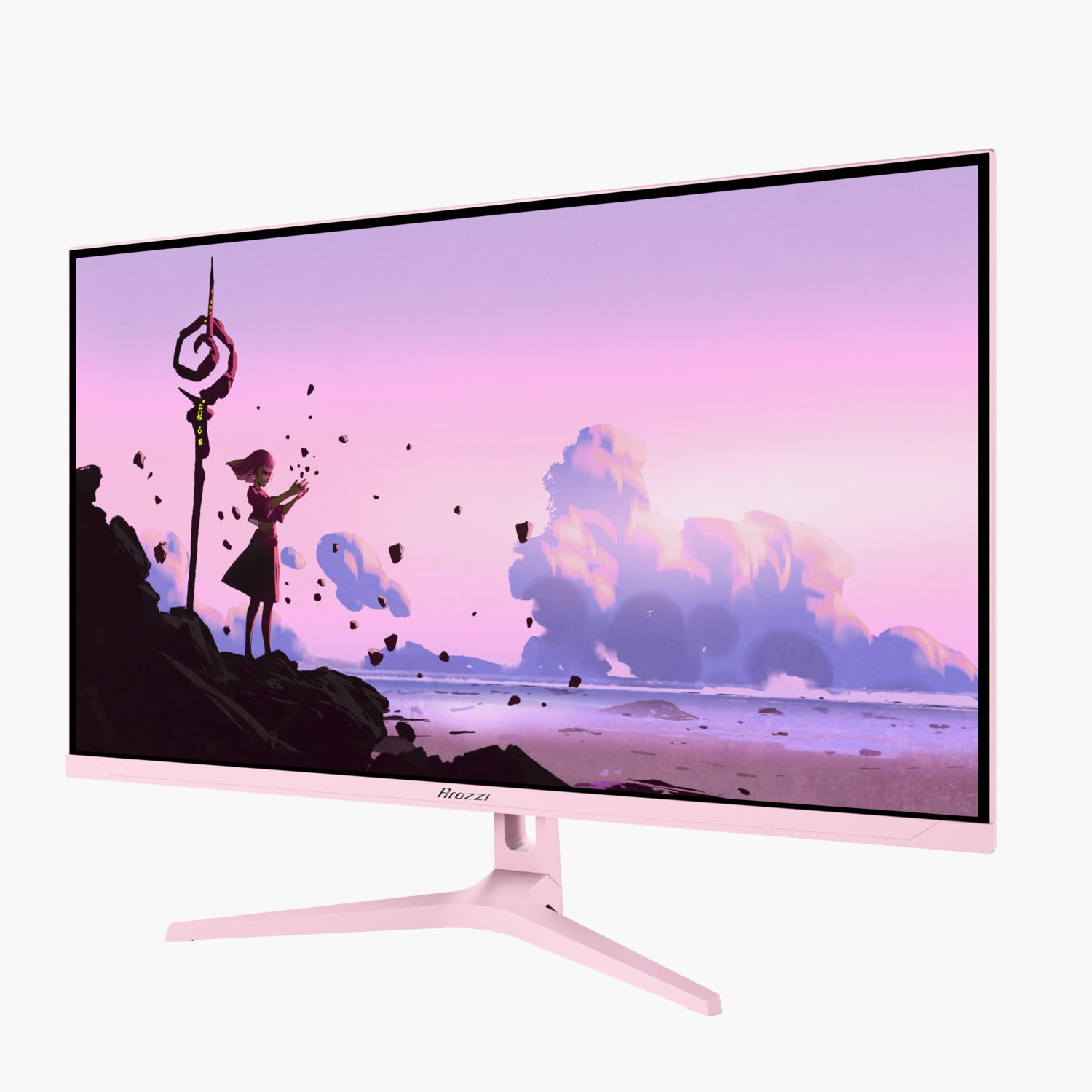 Rosa Monitor zeigt ein Kunstwerk eines Mädchens auf einer Klippe, rosa Himmel und schwebende Felsen. Der Monitor ist weiß.