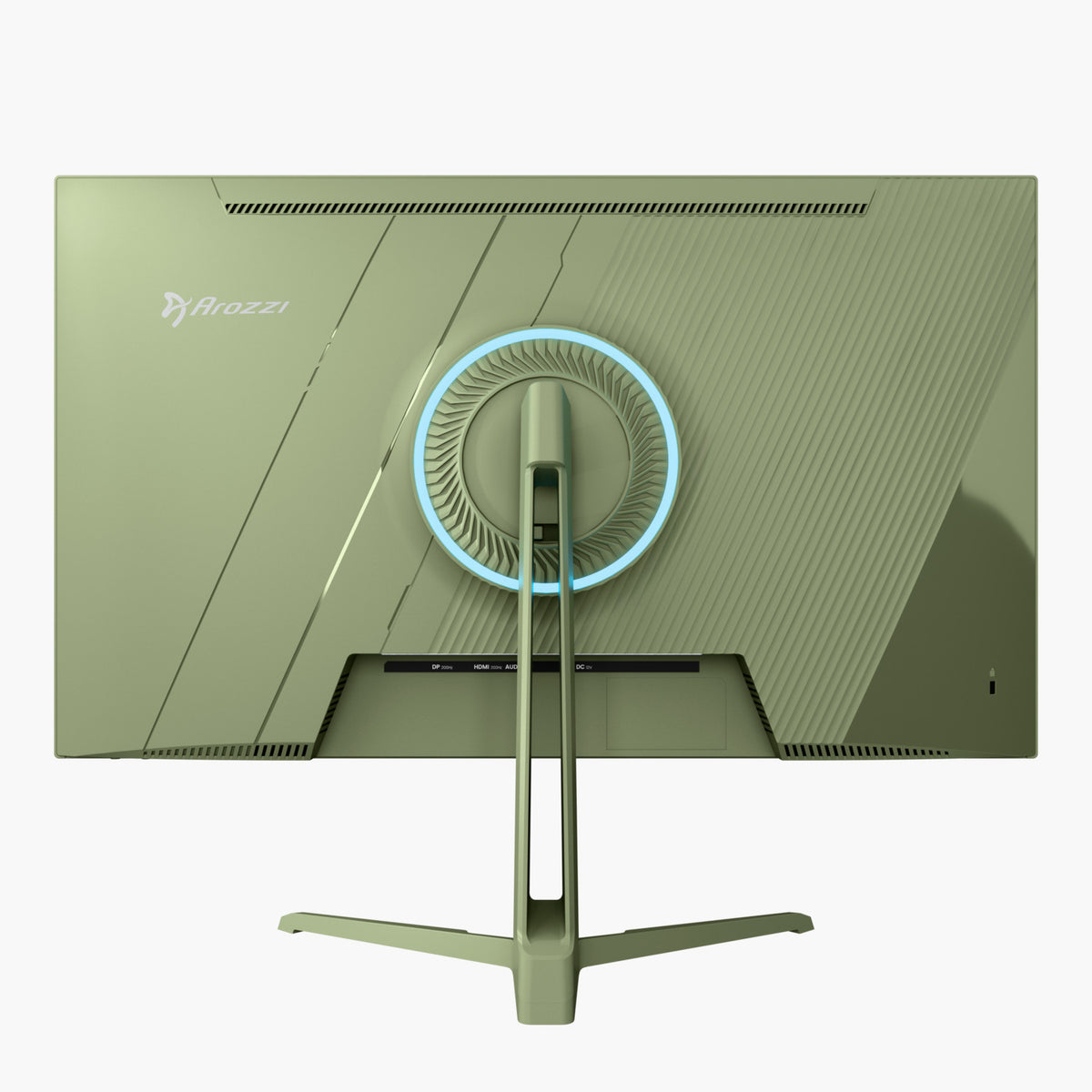 Rückansicht eines grünen Computermonitors. Er hat ein kreisförmiges Licht und einen Ständer. Der Monitor hat das Arozzi-Logo.