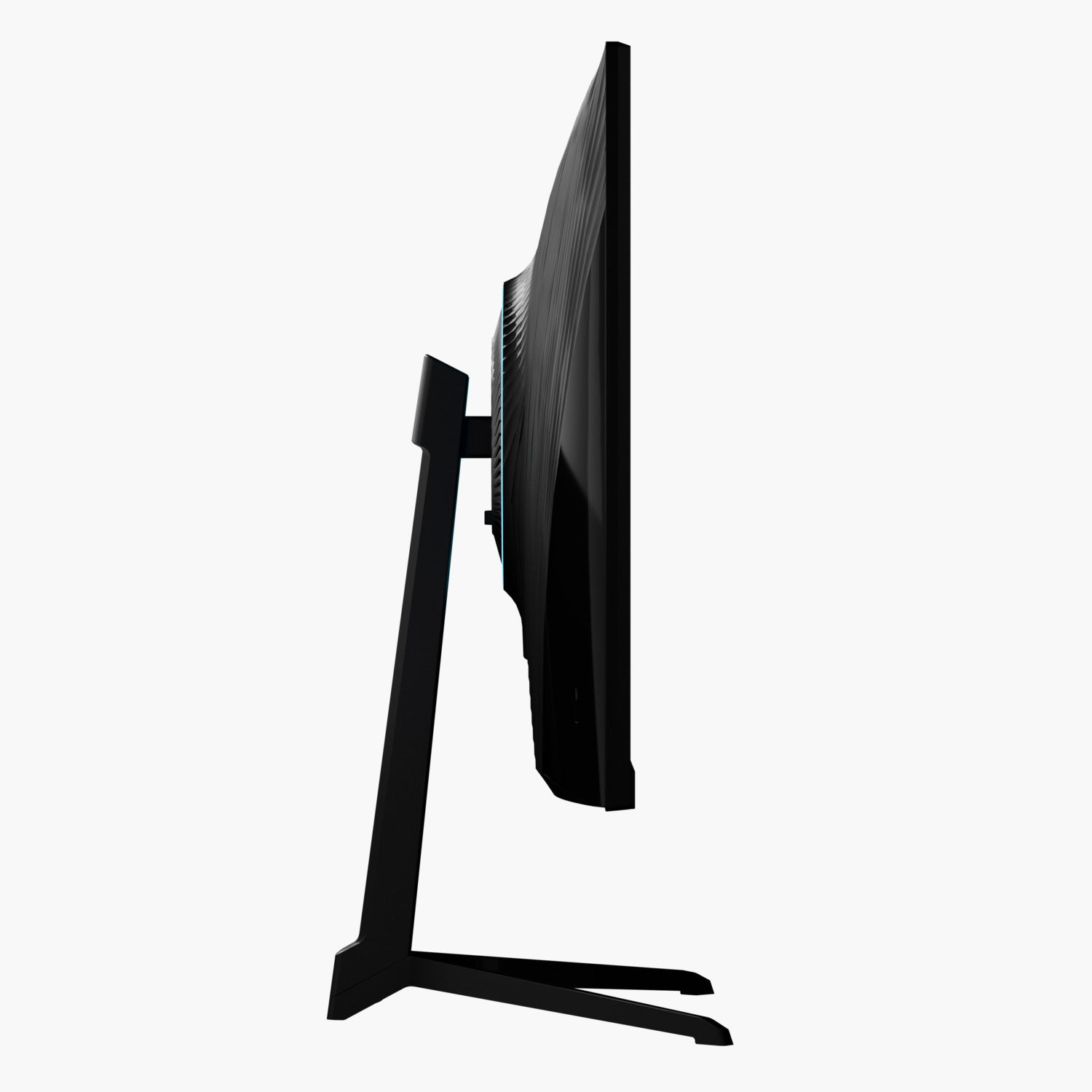 Ein schwarzer Computermonitor, Seitenansicht, auf weißem Hintergrund. Der Monitor ist auf einem schwarzen Ständer montiert.