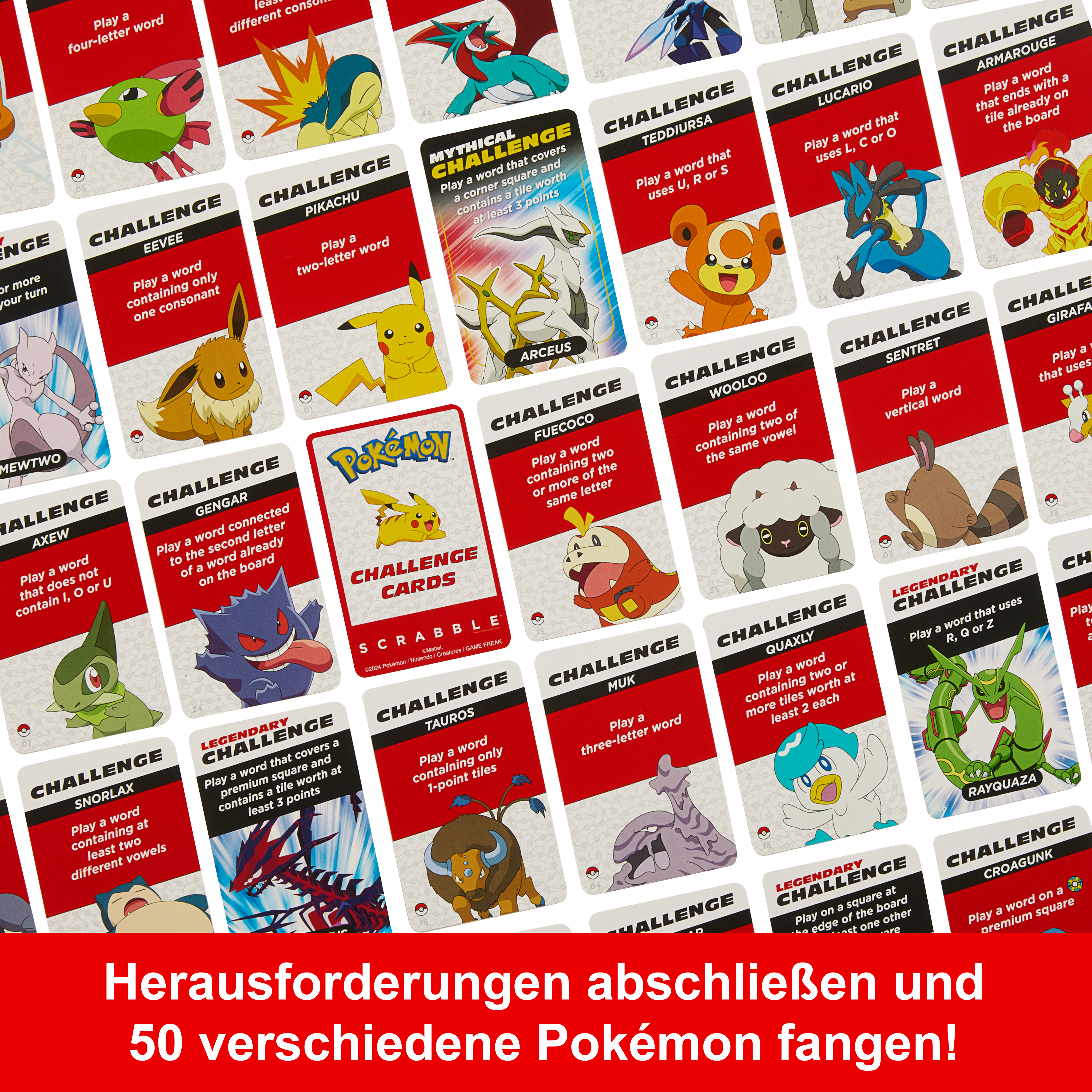 Scrabble-Spiel mit Pokémon-Karten. Karten haben Herausforderungen. Text auf Deutsch.