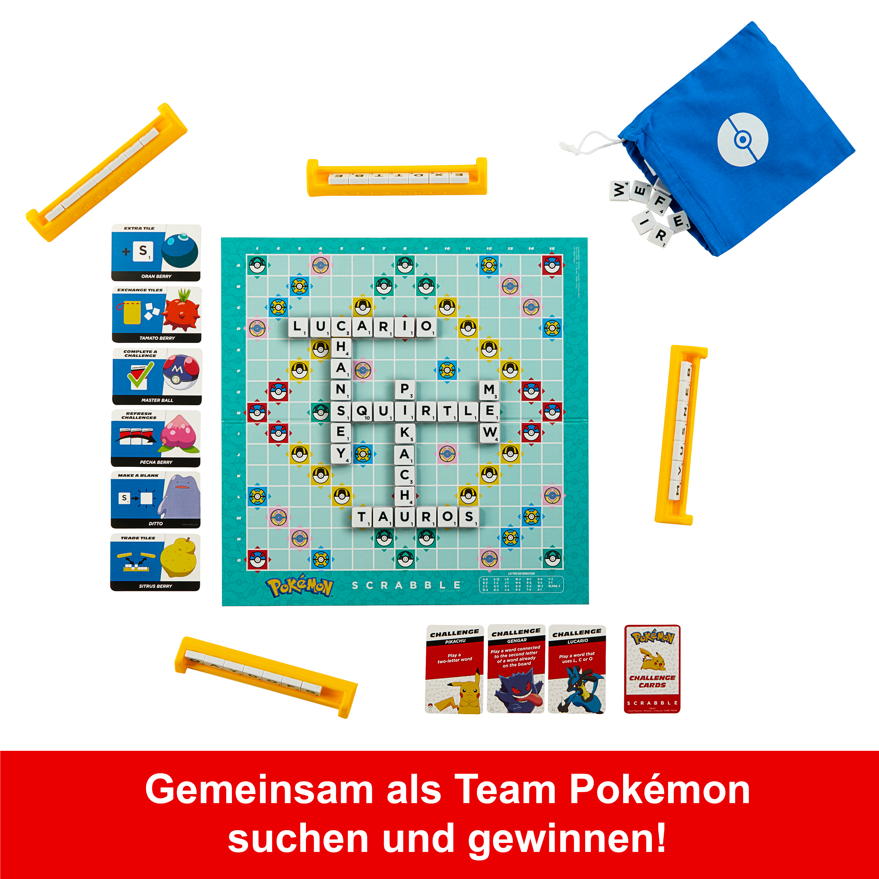 Ein Pokemon Scrabble-Spielset. Enthält Spielbrett, Spielsteine, Kartenhalter, blauen Beutel und Aufgabenkarten.