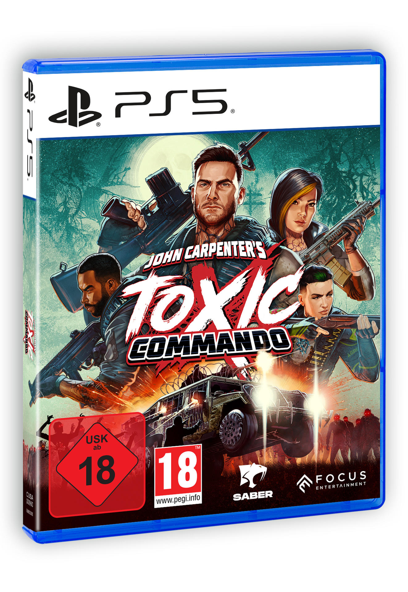 Spielcover für John Carpenter's Toxic Commando, mit Charakteren mit Waffen, einem Fahrzeug und Zombies. Freigegeben ab 18.