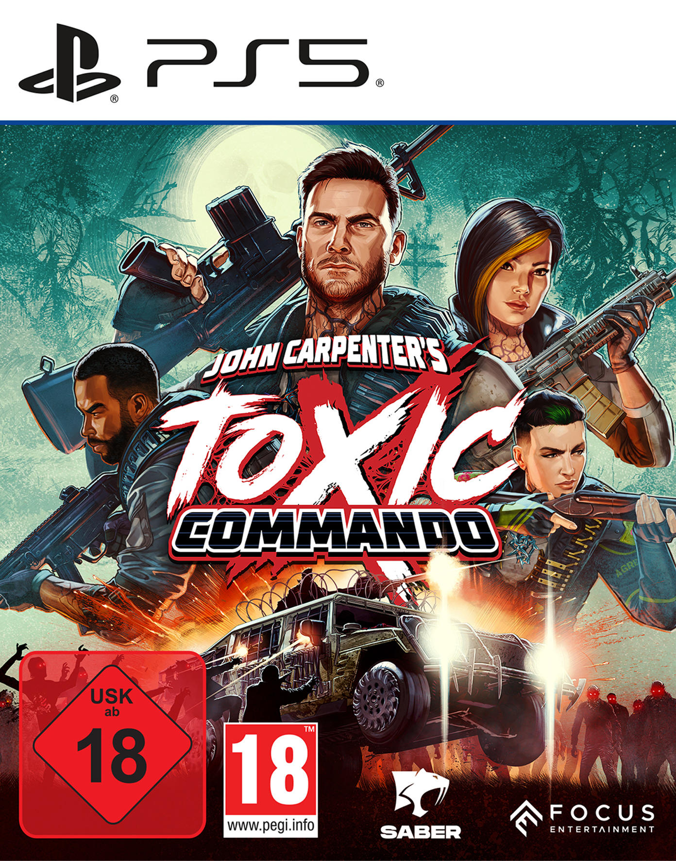 Cover-Art für das Videospiel 'John Carpenter's Toxic Commando'. Es zeigt Charaktere mit Waffen, ein Fahrzeug und Zombies, mit einem rot-schwarzen Logo.