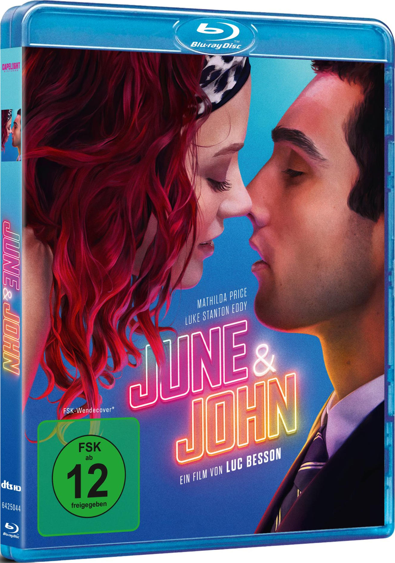 Filmcover. Ein Paar berührt sich mit dem Titel 'June & John'. Rotes Haar, blauer Hintergrund und Altersfreigabeaufkleber.