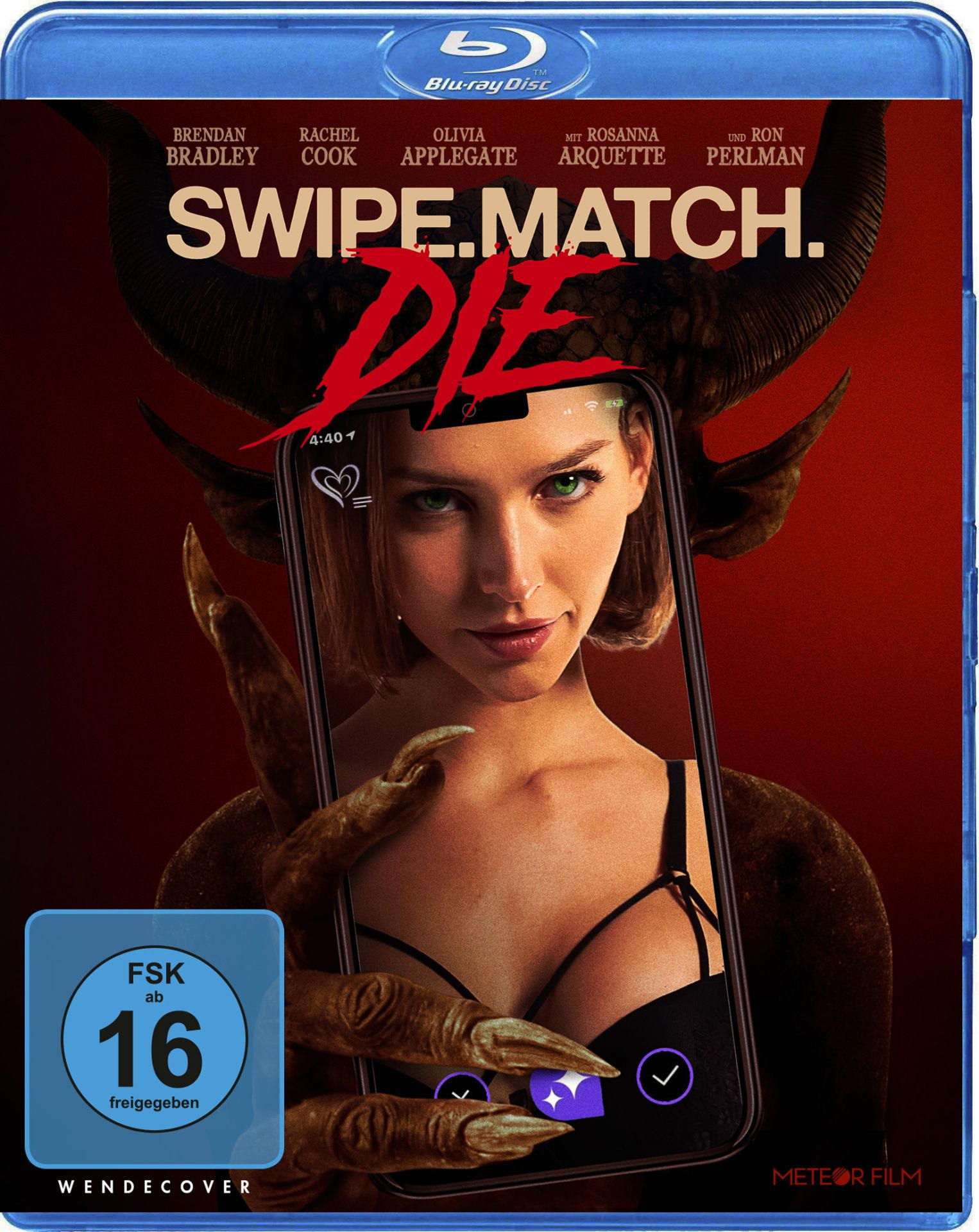 Filmcover mit dem Gesicht einer Frau auf einem Telefonbildschirm. Eine Dämonenfigur ist hinter ihr auf rotem Hintergrund. Titel: Swipe.Match.Die.