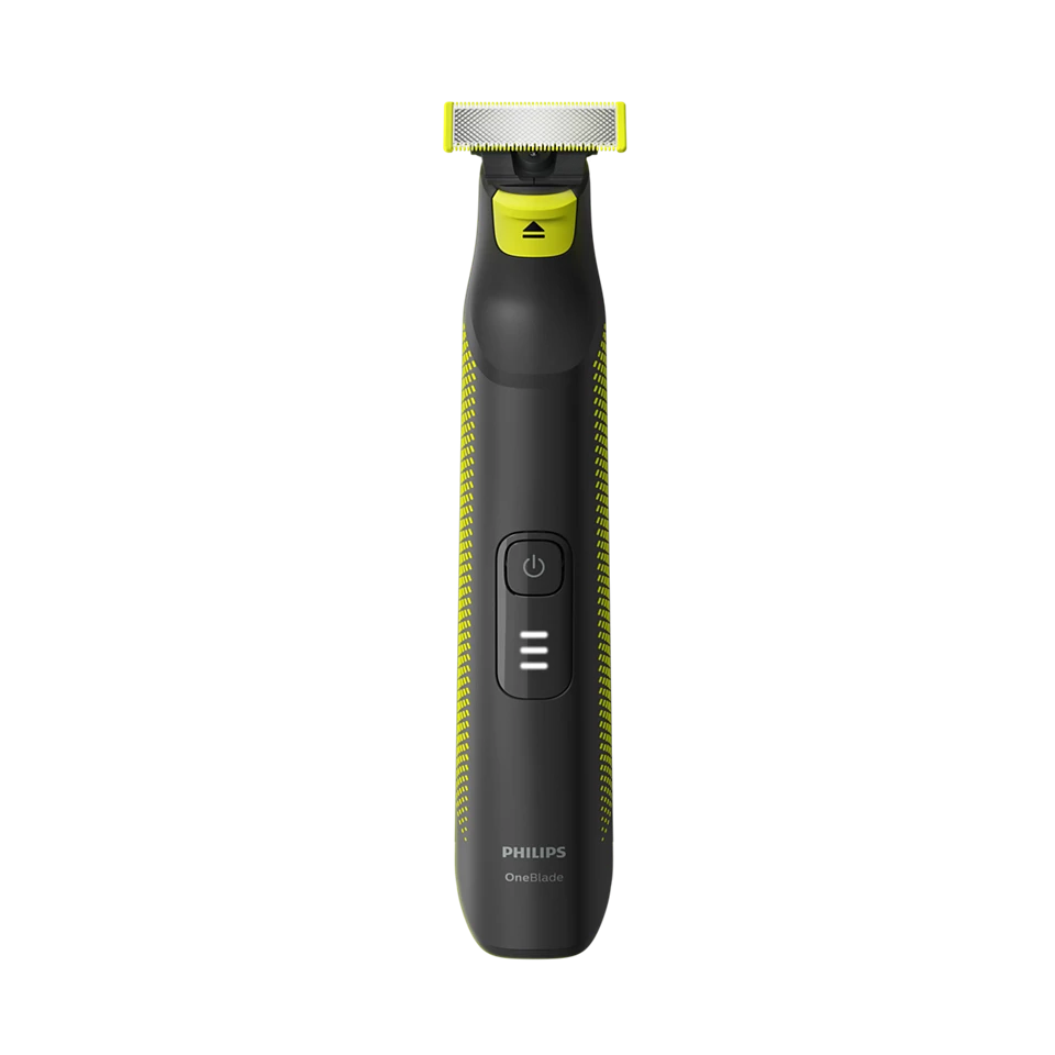 Philips OneBlade elektromos borotva. Fekete és sárga design. Bekapcsológomb és akkumulátor jelző. Fekete háttér.