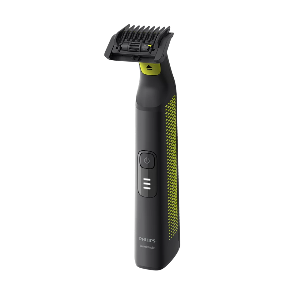 Fekete-zöld Philips OneBlade trimmer. Fekete fogantyúja van bekapcsológombbal és jelzőfényekkel. A penge fekete és sárga.