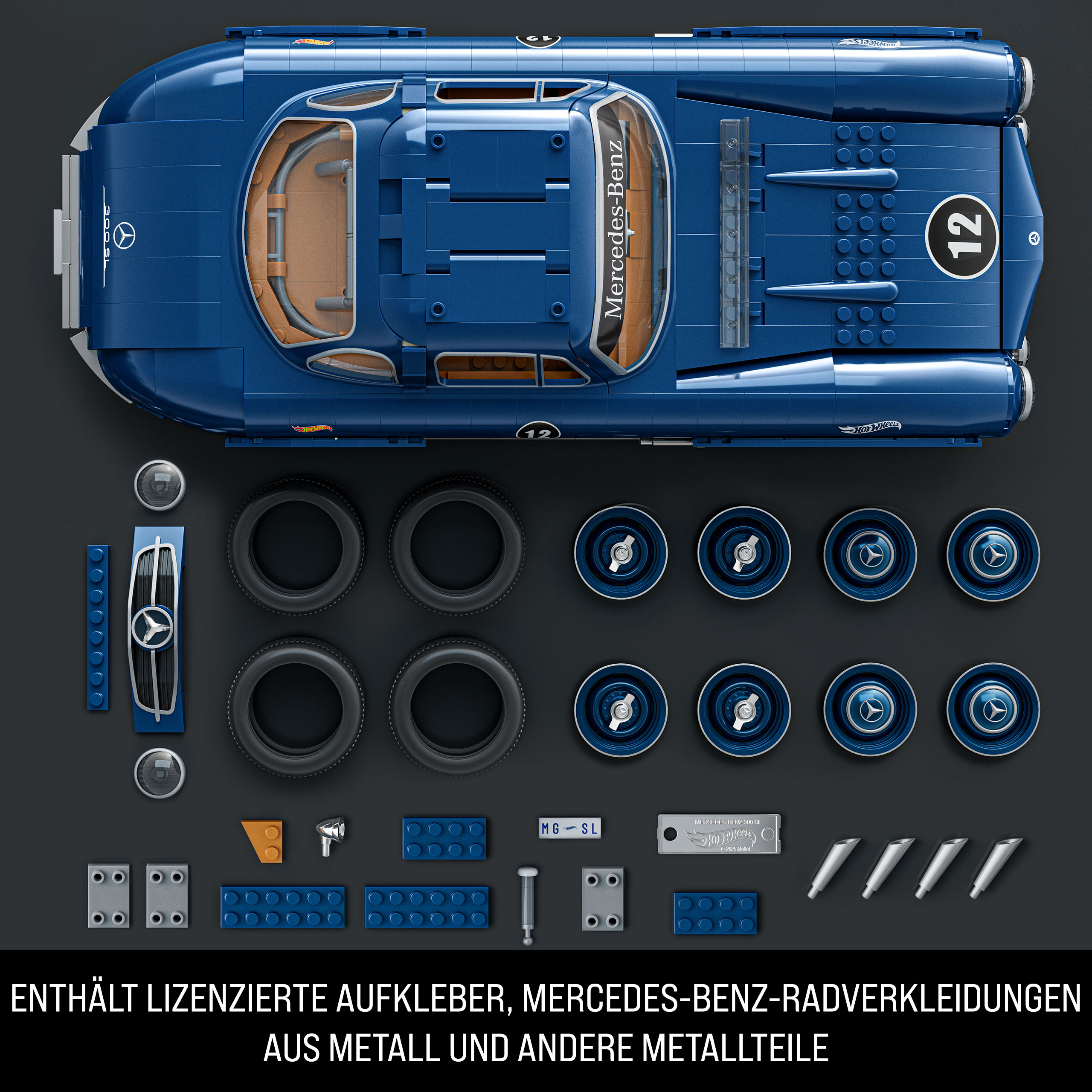 Blaues Lego Mercedes-Benz Automodell. Enthält Räder, Teile und Zubehör auf dunklem Hintergrund.