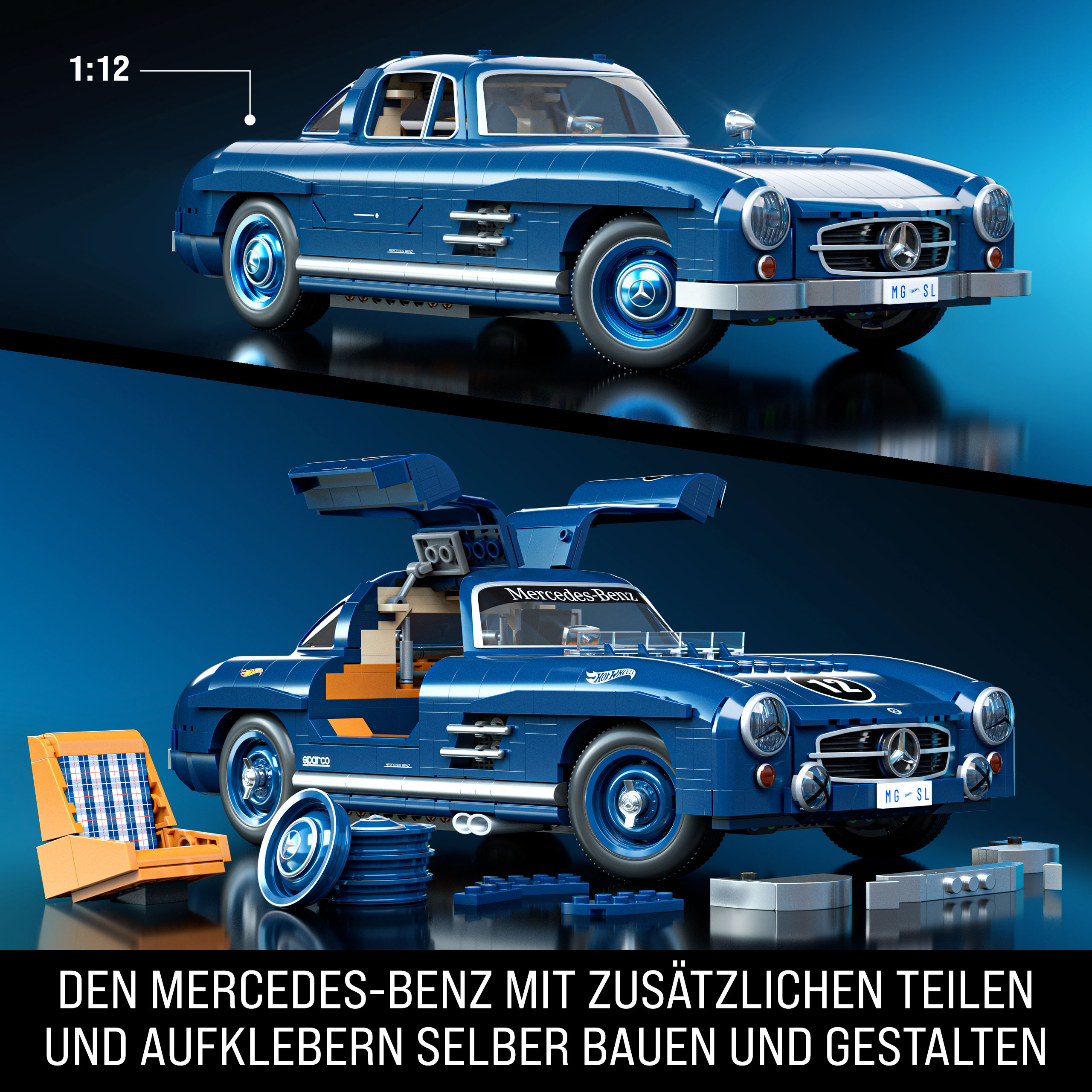 Zwei blaue Mercedes-Benz Spielzeugautos. Eines ist geschlossen, das andere hat offene Türen. Enthält Extrateile und einen Stuhl.