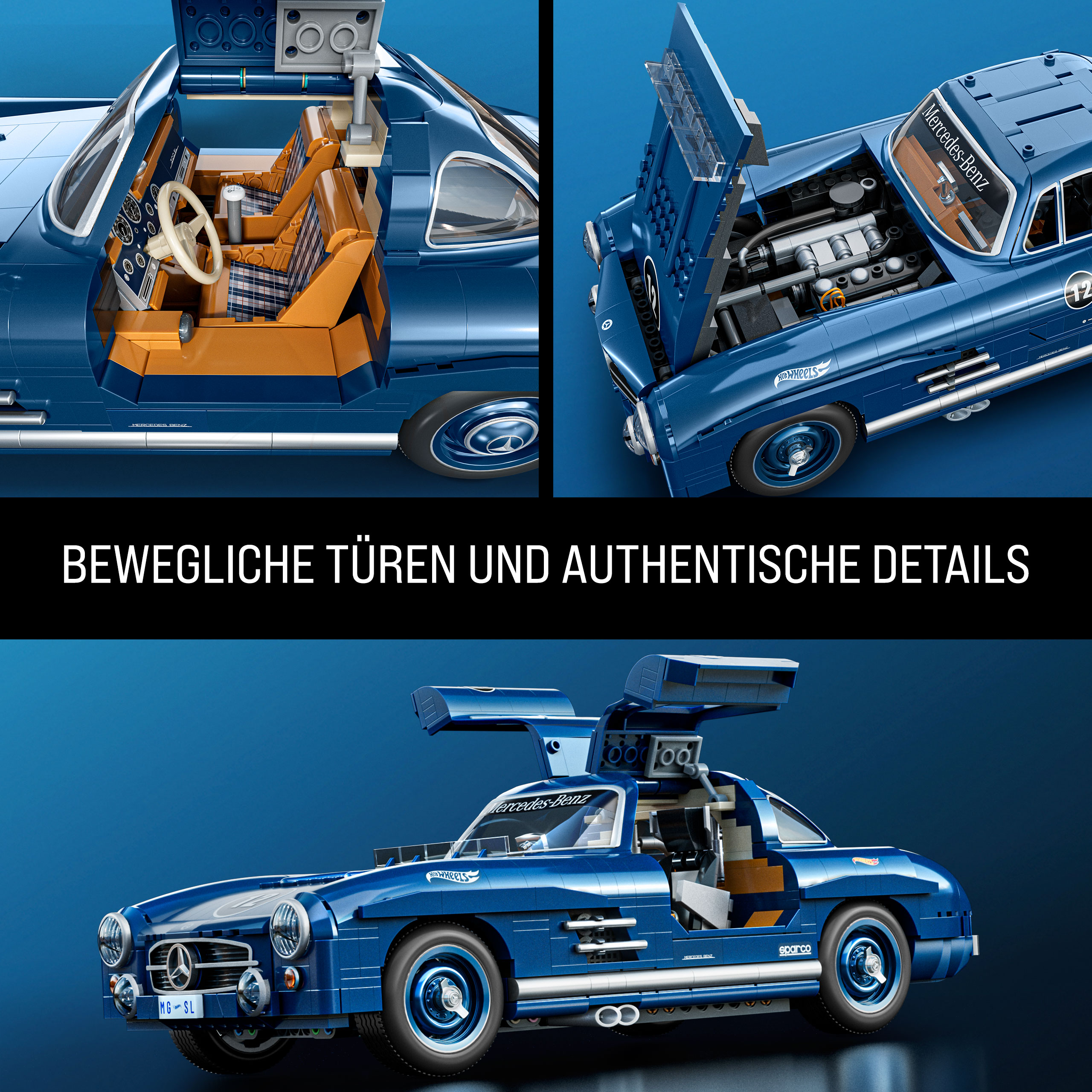 Blaues Mercedes-Benz Spielzeugauto mit geöffneten Türen und Motorhaube, zeigt Innenraum und Motordetails.