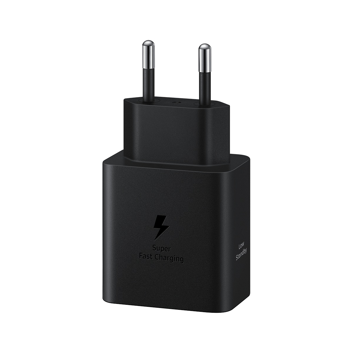Üstte iki metal uçlu siyah bir Samsung Süper Hızlı Şarj adaptörü. Bir şimşek logosu var.