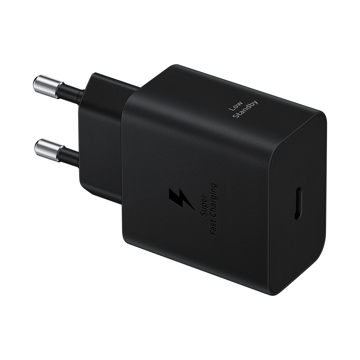 İki uçlu fişli siyah bir Samsung şarj cihazı. Ön yüzünde "Super Fast Charging" ve "Low Standby" yazıları var.