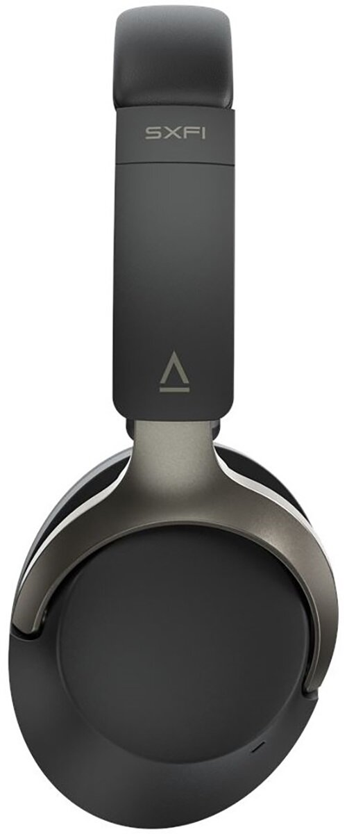 Czarne słuchawki ze srebrnymi akcentami. Na górze napis "SXFI" i logo. Widoczne okrągłe nauszniki.