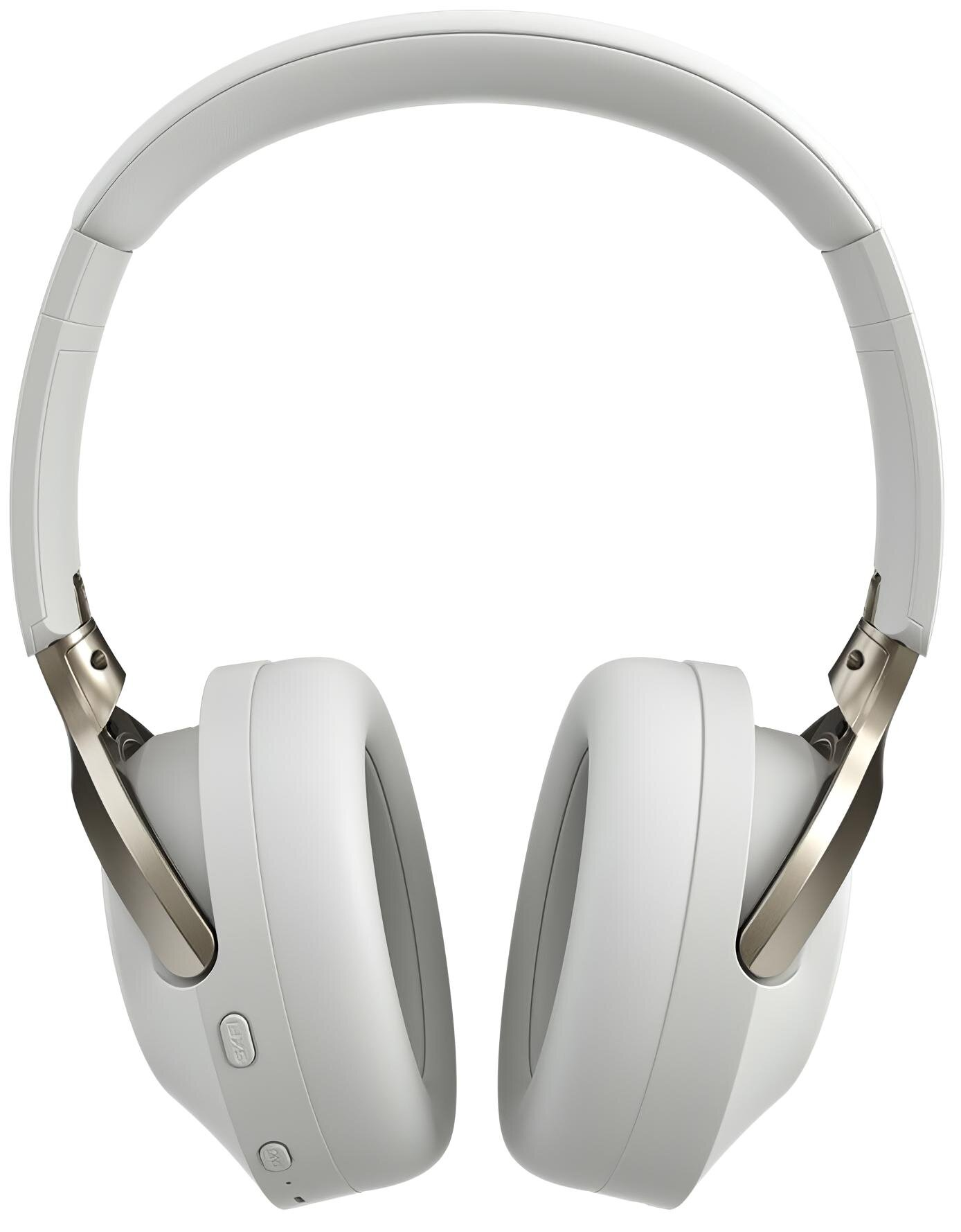 Białe słuchawki ze srebrnymi akcentami. Nauszniki są duże i owalne. Pałąk jest zakrzywiony. Przyciski na lewym nauszniku.