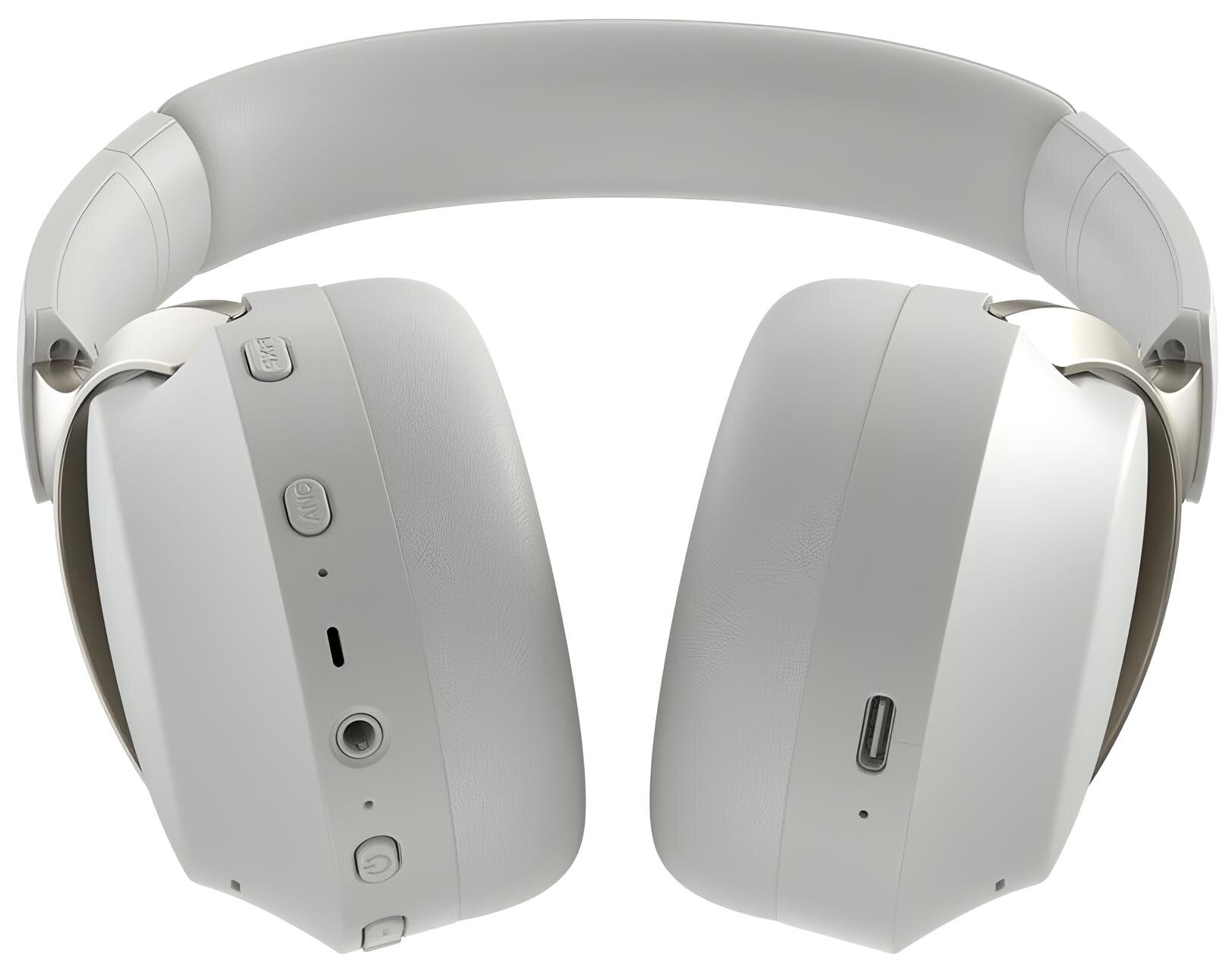 Wyświetlane są białe słuchawki nauszne. Posiadają przyciski, port ładowania i wyściełany pałąk. Nauszniki są kątowe.