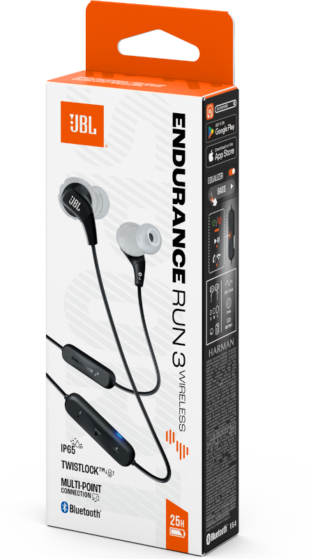 Eine Schachtel mit JBL Endurance Run 3 Wireless-Ohrhörern. Die Ohrhörer sind schwarz und weiß. Die Schachtel zeigt Funktionen und Spezifikationen.