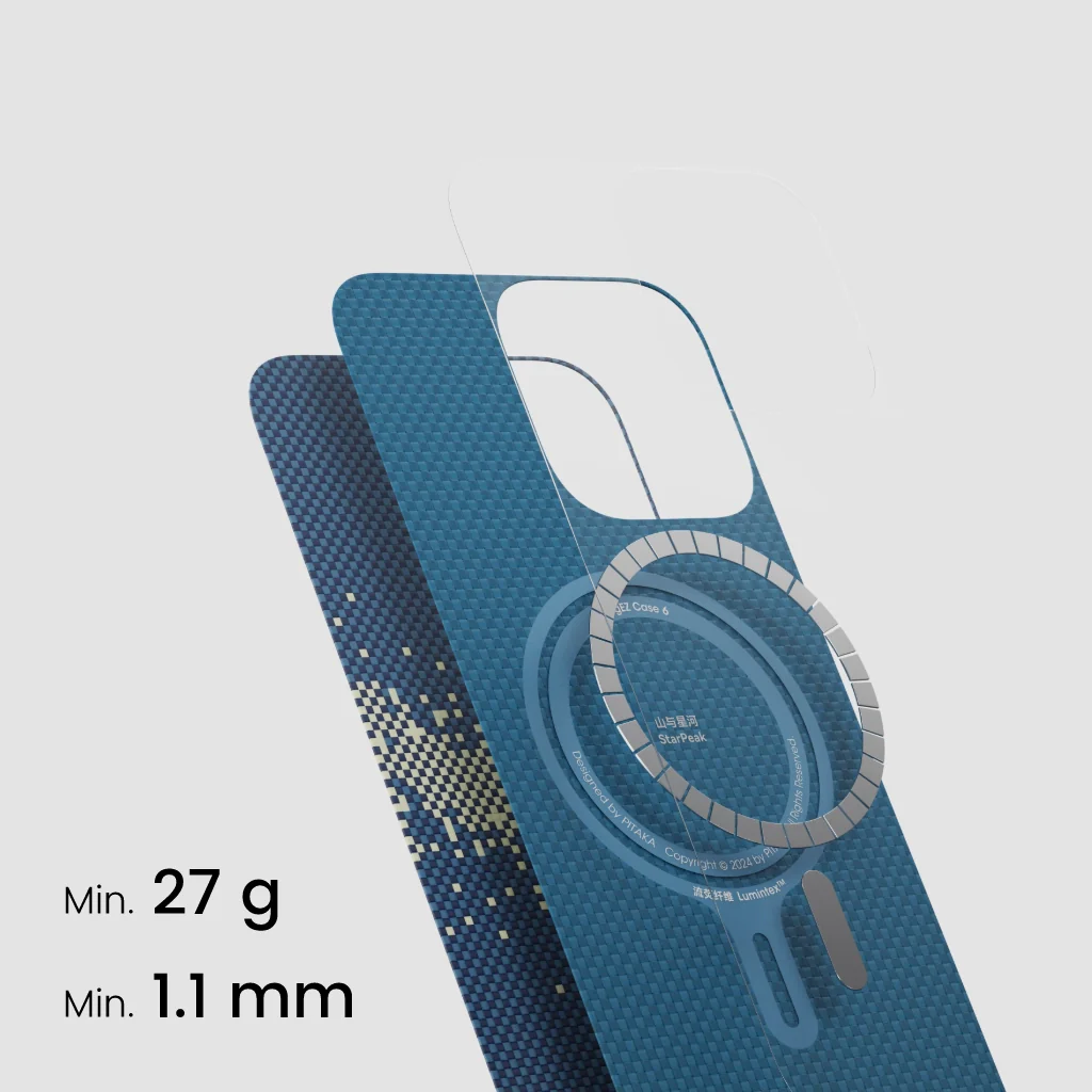 Kék telefontok rétegzett dizájnnal. Ezüst mágnesgyűrűvel és súlyt, vastagságot jelző szöveggel.
